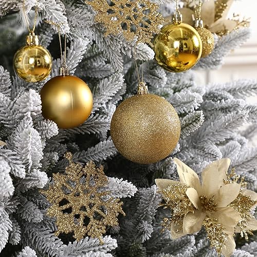 Miniatura 3 de Juego de 145 adornos dorados para árbol de Navidad con cuerda de luz, varios adornos de bolas de Navidad inastillables, adornos de bolas de Navidad