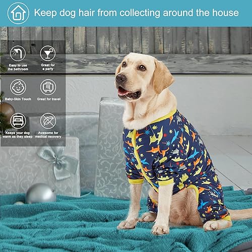 Miniatura 6 de LovinPet Pijama para perros grandes, diseño de dinosaurio de aventura prehistórica, color azul marino, ligero y elástico, pijama para perros