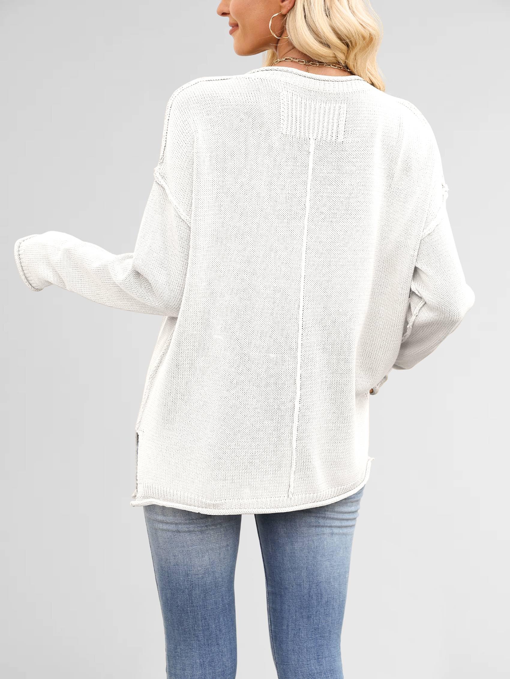 Luźne Swetry Damskie, Luźne, z Długim Rękawem i Okrągłym Dekoltem, Dzianinowe, Przytulne, Swetry Pullover Biały XL