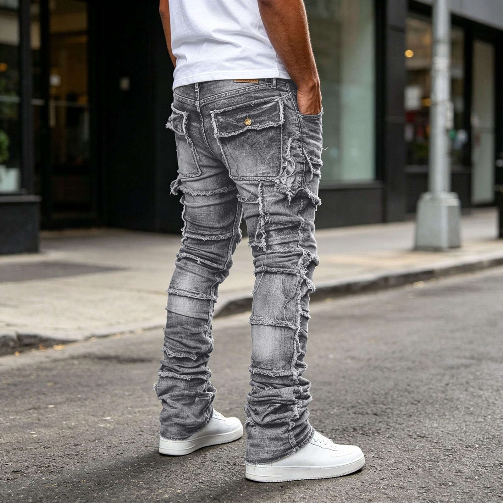 Jeans da uomo elasticizzati, slim fit, look usato, per il tempo libero, pantaloni lunghi strappati, comodi pantaloni in denim elasticizzati, stile punk, streetwear, hip hop, gamba larga, Harajuku