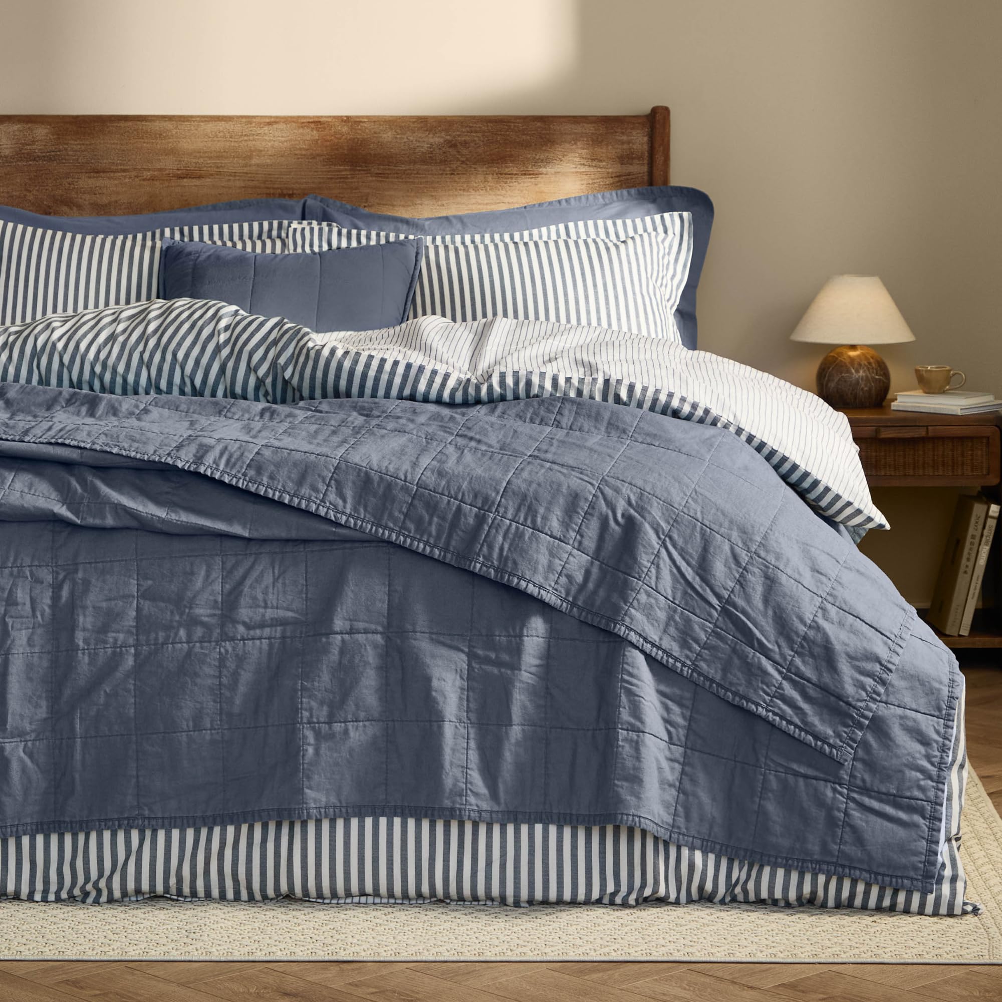 Yard Hebden Washed Cotton Quilted Bedspread – Relaxed Soft Percale Breathable Coverlet (Denim Blue – 150x200cm)