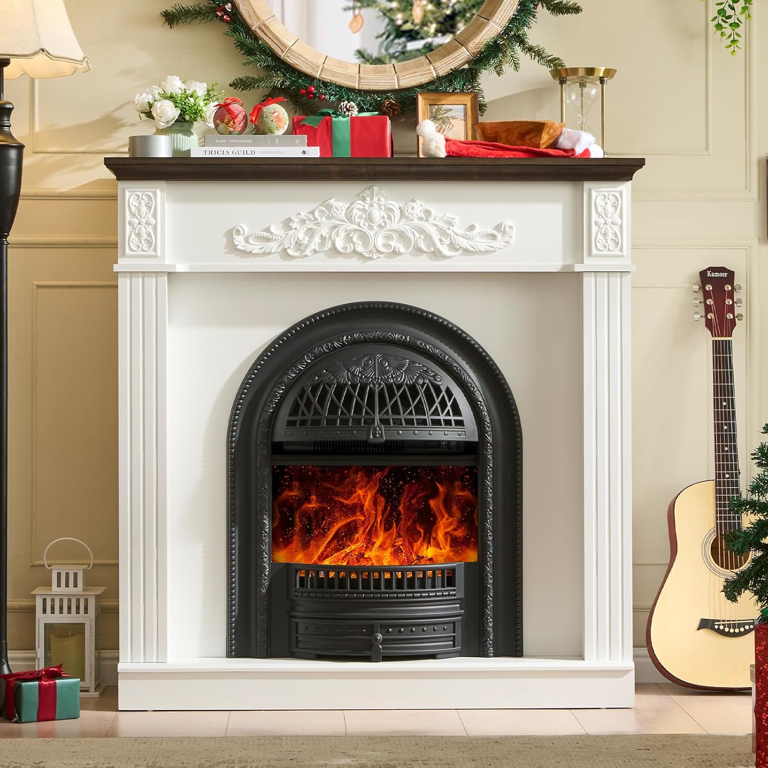 45" Electric Fireplace with Mantel, Farmhouse Electric Fireplaces TV Stand, Birdcage-Style Fireplace Entertainment Center with 30'' Fireplace Insert Heater for Living Room, Bedroom