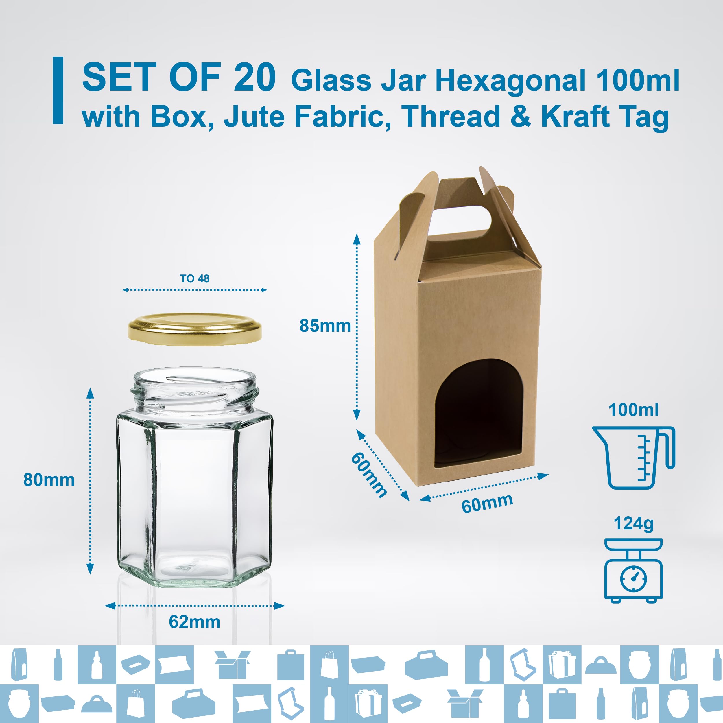 Espirito Rebelde 20 kleine sechseckige Honiggläser mit Deckel 100 ml + Box + Jutetuch + Kraftetiketten + Juteschnur | ideal für die Aufbewahrung von Honig