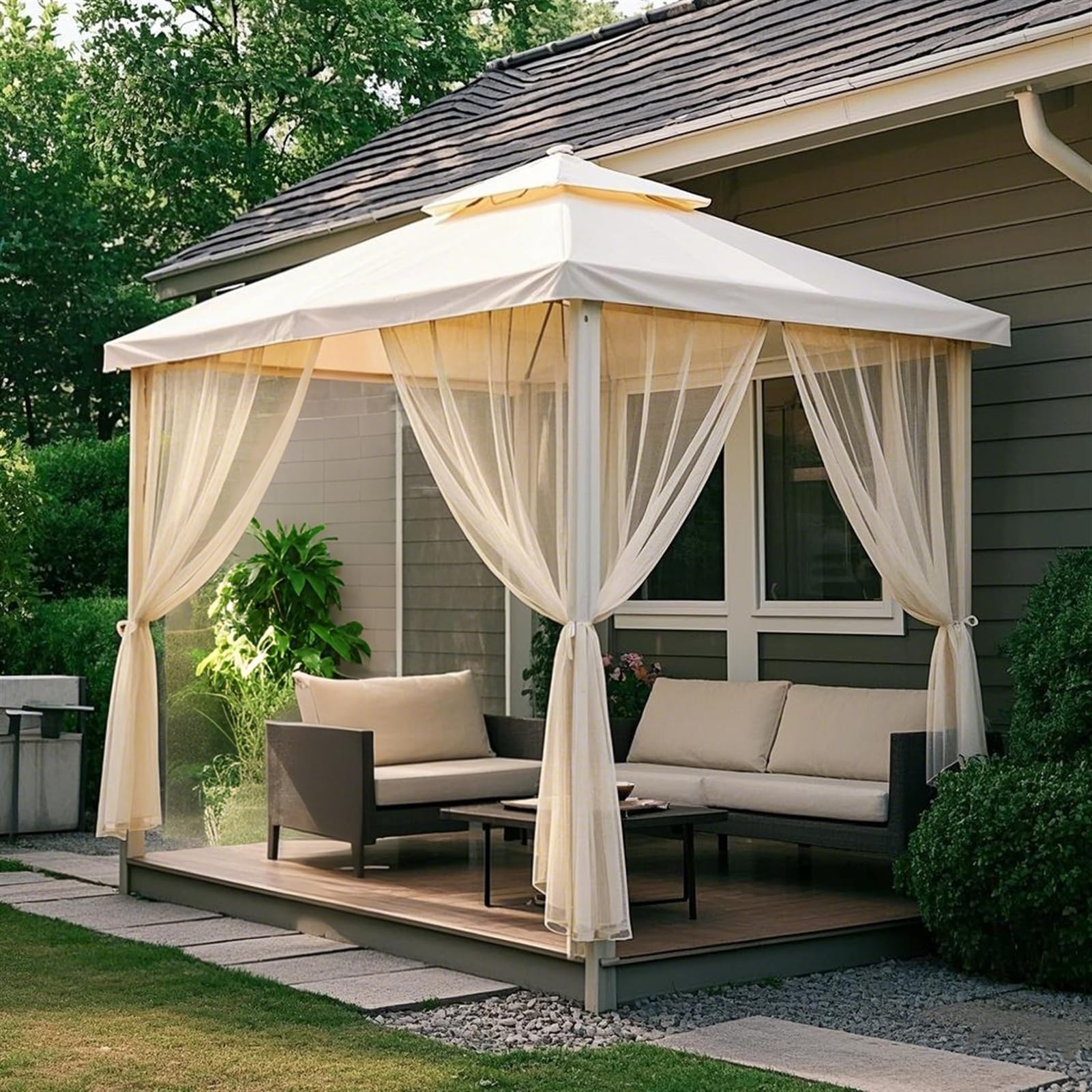 Heavyoff Outdoor Sheer Curtains for Patio, 2 Panels Waterproof Light Filtering Voile Outside Curtains Screen Mesh Net Privacy Drapes Rod Pocket for Front Porch, Gazebo, Beige, 63" W x 84" L โ image 1