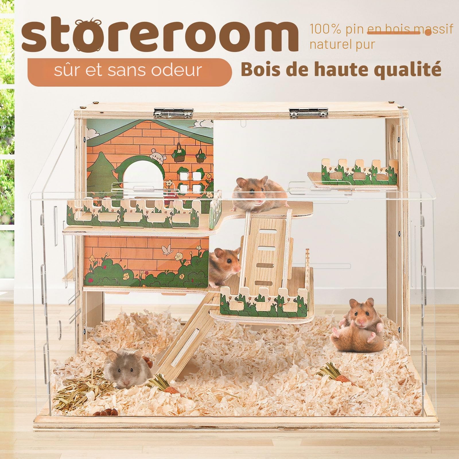 Habitat en bois pour hamster nain, grande cage pour hamster en acrylique, cage spacieuse pour gerbille naine, habitat de qualité supérieure pour hamster nain avec système de ventilation (40 x 30 x 30
