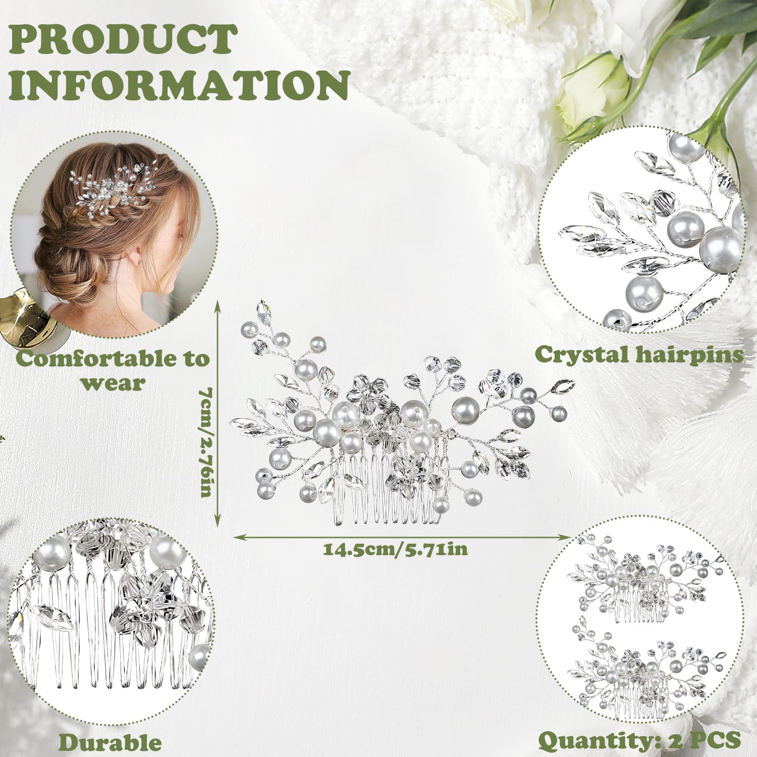 VLYX 2 Pcs Pearl Bridal Hair Clip with Floral Comb - Adjustable Crystal Rhinestone Headpiece for Wedding Updo, Parties (Silver) - Image 2