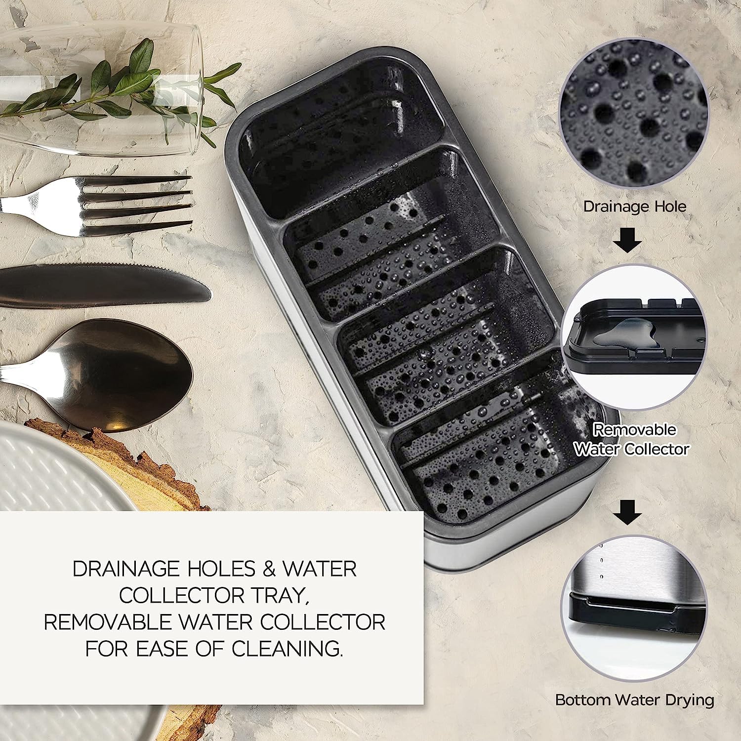 FIZZYBERRIES Kitchen Cutlery Holder Utensil Storage Organizer, Stainless Steel, Anti-Slip, Water Draining Design - Image 4