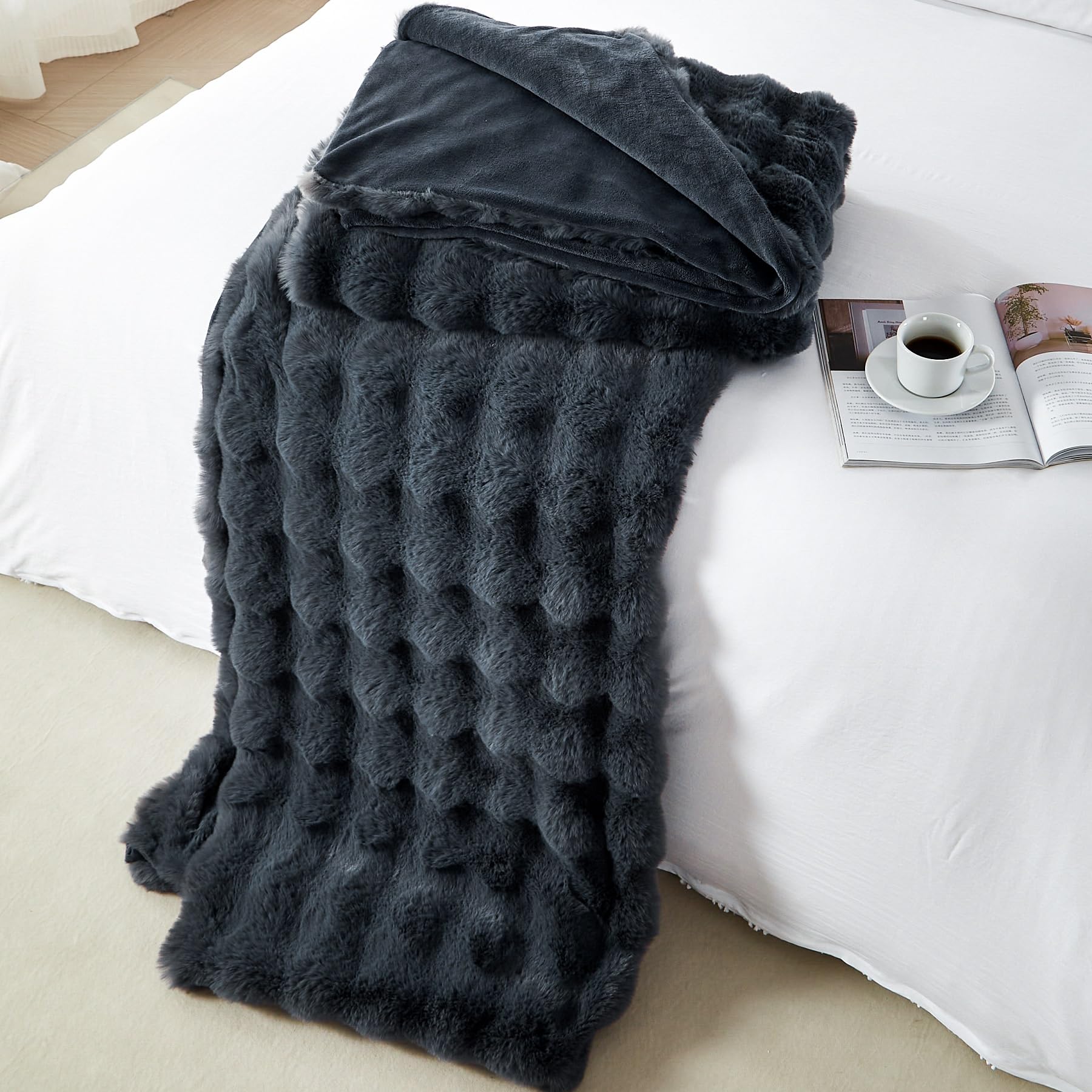 Manta polar (200 x 220 cm, invierno, cálido, gris, funda de sofá, felpa, piel de conejo, textura de burbujas, supersuave, manta suave, regalo para mujer
