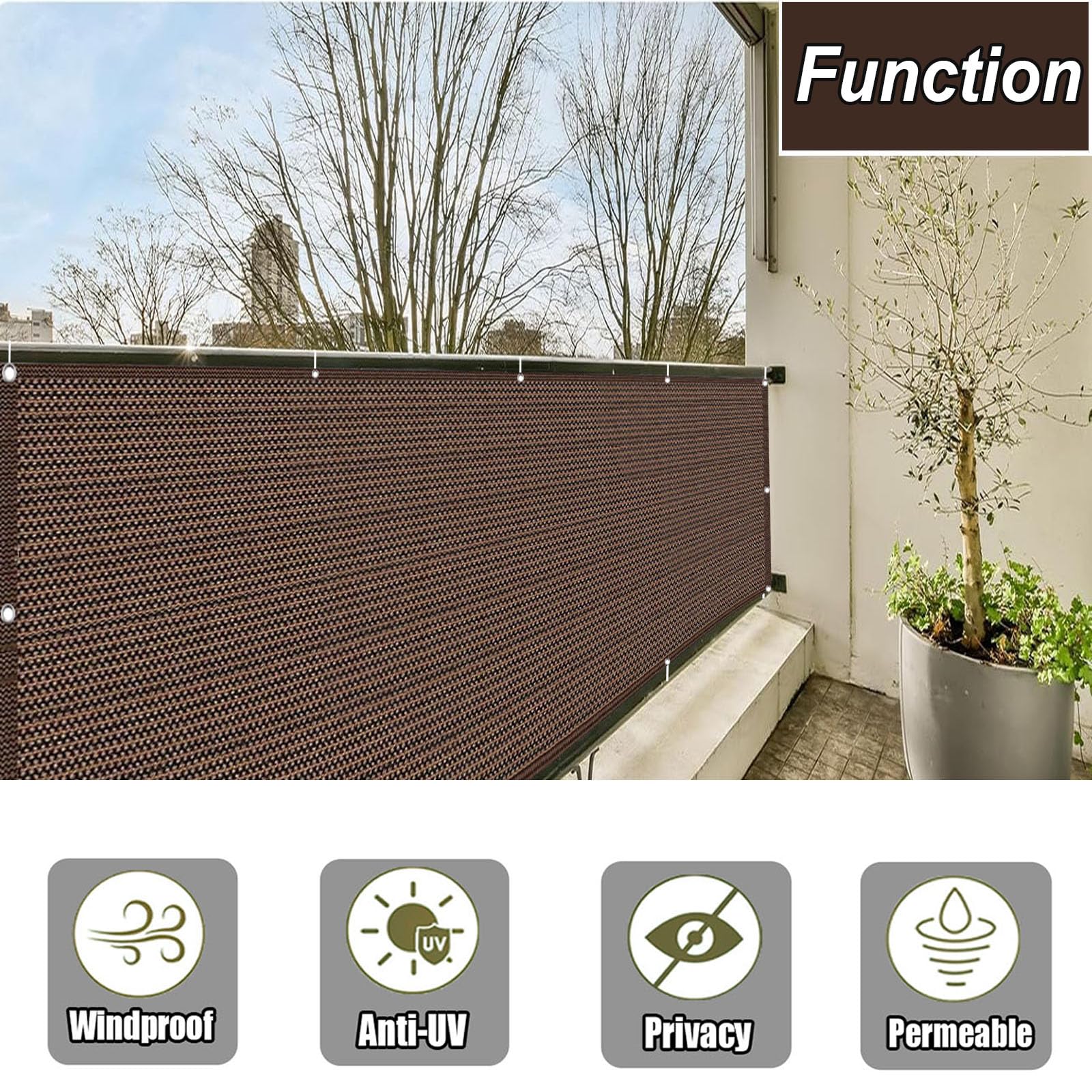 Copri Ringhiera Balcone 170 x 550 cm Protezione Solare, Protezione Della Privacy, Uv, Traspirante Schermi Protettivi Frangivisto Balcone per Giardino, Marrone
