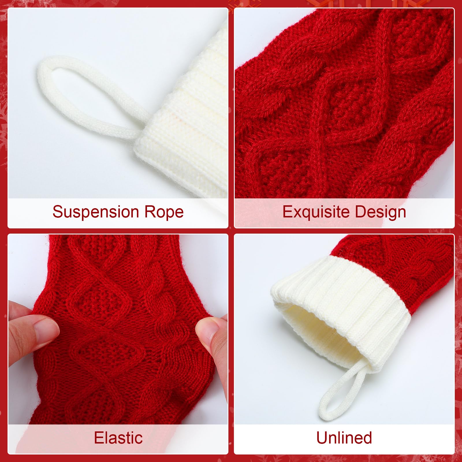 Hungdao Mini-Weihnachtsstrümpfe, gestrickt, 21,6 cm, rustikale Socken, doppelseitig, Kamin, hängende Vintage-Strümpfe für Familie, Weihnachtsdekoration, Rot, Weiß, 12 Stück