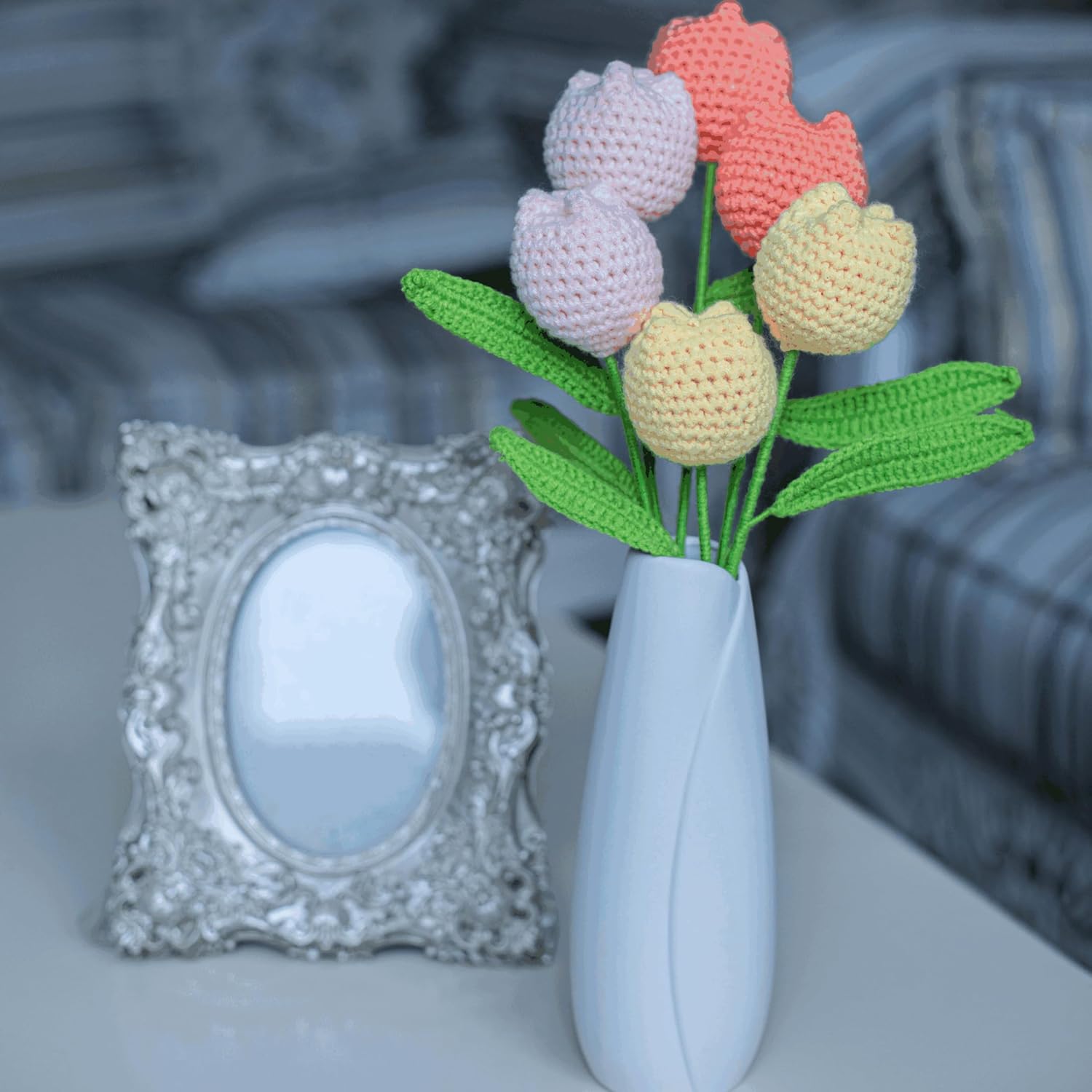 Handmade Crochet Tulip Bouquet – Crocheted Flower Knitted Yarn Artificial Tulips, Forever Floral Arrangement for Home Decor, Wedding, Birthday