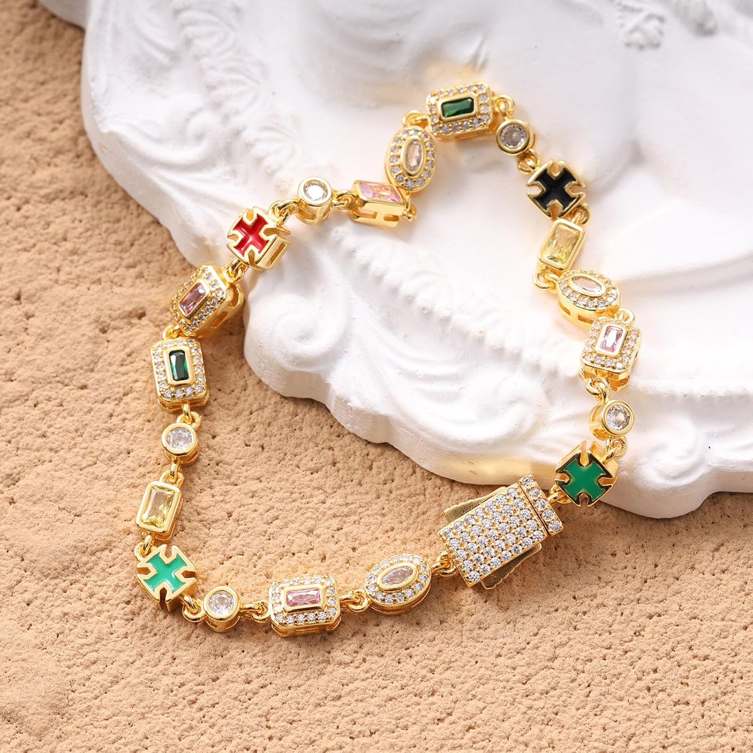 Lulu Mel 6mm Colorful Zirconia Cross Bracelet, Gold Plated Tennis Chain Geometric Gemstone Diamond Bracelet Trendy Charm Jewelry for Women Men - Image 5