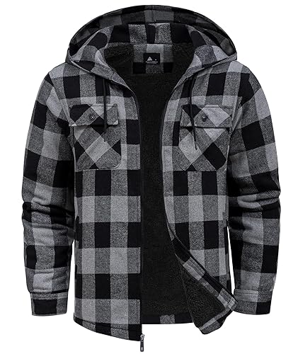 Mens Flannel Hooded Jacket Sherpa Lined Zip Up Hoodies for