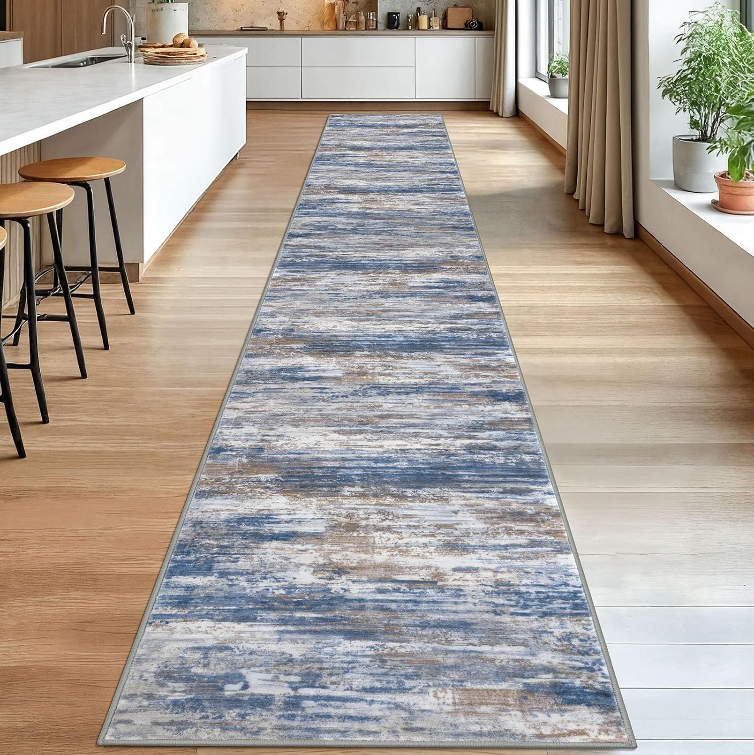 KOZYFLY Modern Abstract Washable Rug Runner 2.6x18 Hallway Rug Runner Non-Slip Soft Kitchen Runner Rugs, Blue Rust Striped Carpet for Entryway Bathroom Laundry Room Foyer