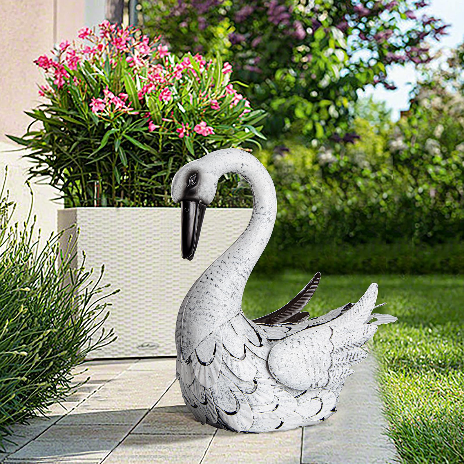 Estatua de jardín en forma de cisne blanco, en metal, decoración exterior para fuente de jardín, piscina, terraza