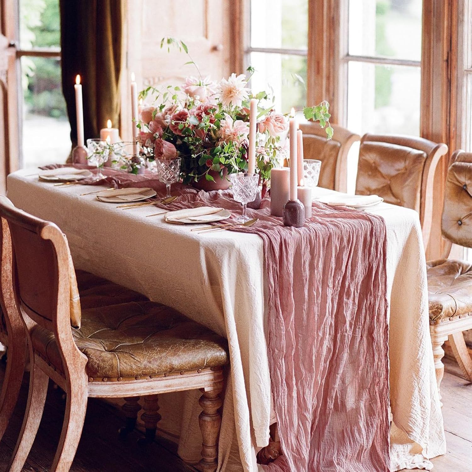6 Pack Dusty Pink Cheesecloth Table Runner 35 x 120 inch Boho Rustic Gauze Table Runner 10 FT Long, Semi Sheer Cheese Cloth Runner for Wedding Party Banquet Baby Shower Birthday Decoration