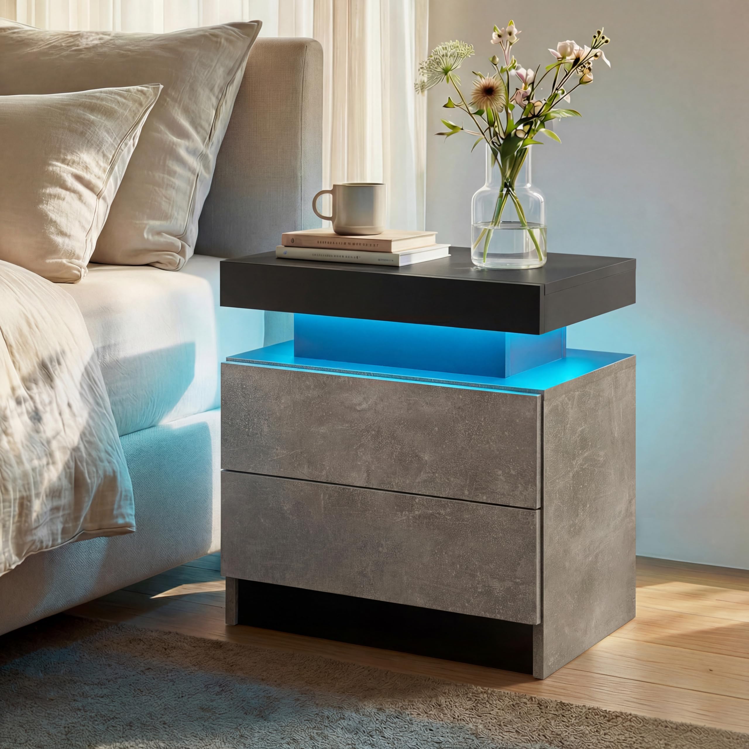 Cubehom LED Nachttisch Nachtschrank mit Led Licht, Modern Nachtkommode mit 2 Schubladen für Wohnzimmer, Schlafzimmer (Grauschwarz, 2)