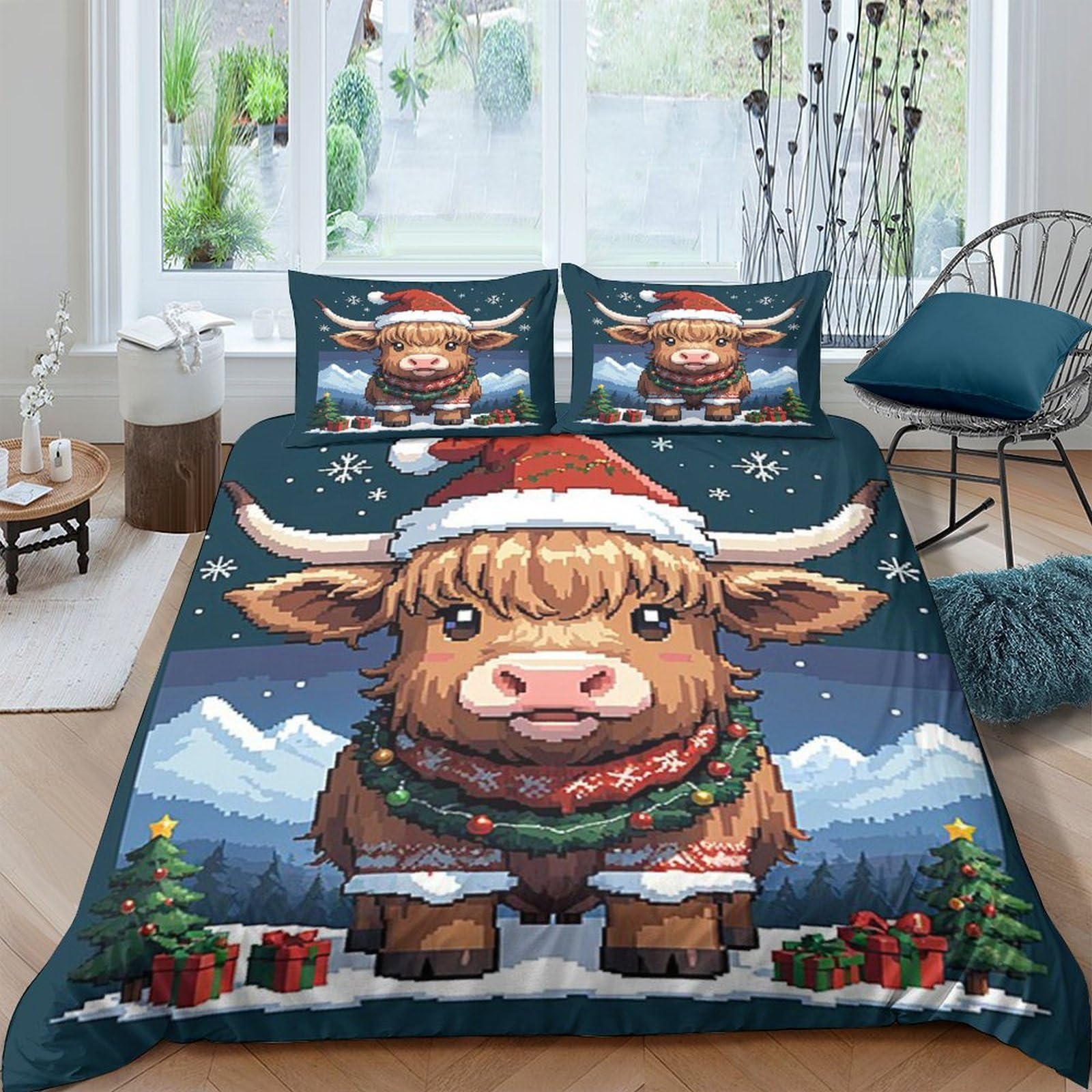 GPLZQXKJNH 3D Printed Christmas Highland Cow Duvet Cover Microfiber Soft Scottish Festive Quilt Cover Set with 2 Pillowcases for Bedroom Decor, Single（135x200cm）