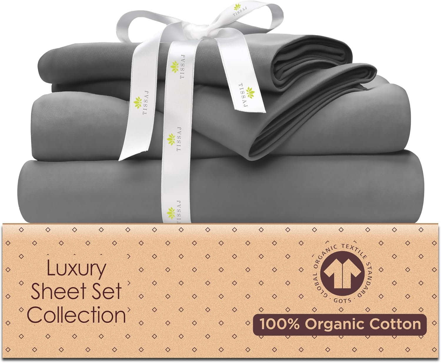 Tissaj Organic Cotton Sheets Queen Size – Smoke Grey – GOTS Certified – Durable Luxury Quality – Extra Deep Pockets & Secure Fit – Premium Bedding – Sateen Weave – with Carry Pouch – Set of 4