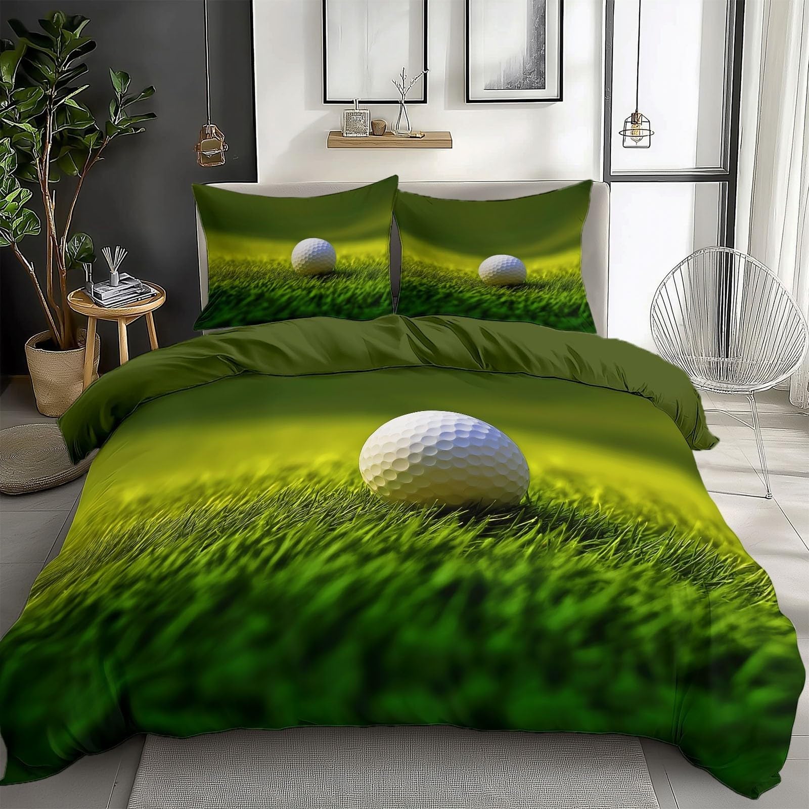 Podwójna poszwa na kołdrę piłki golfowe poszewki na kołdrę trawnik poszewka na kołdrę 100% mikrofibra 240 x 220 2 poszewki na poduszki 50 x 80 cm, miękka, oddychająca 3 sztuki z zamkiem