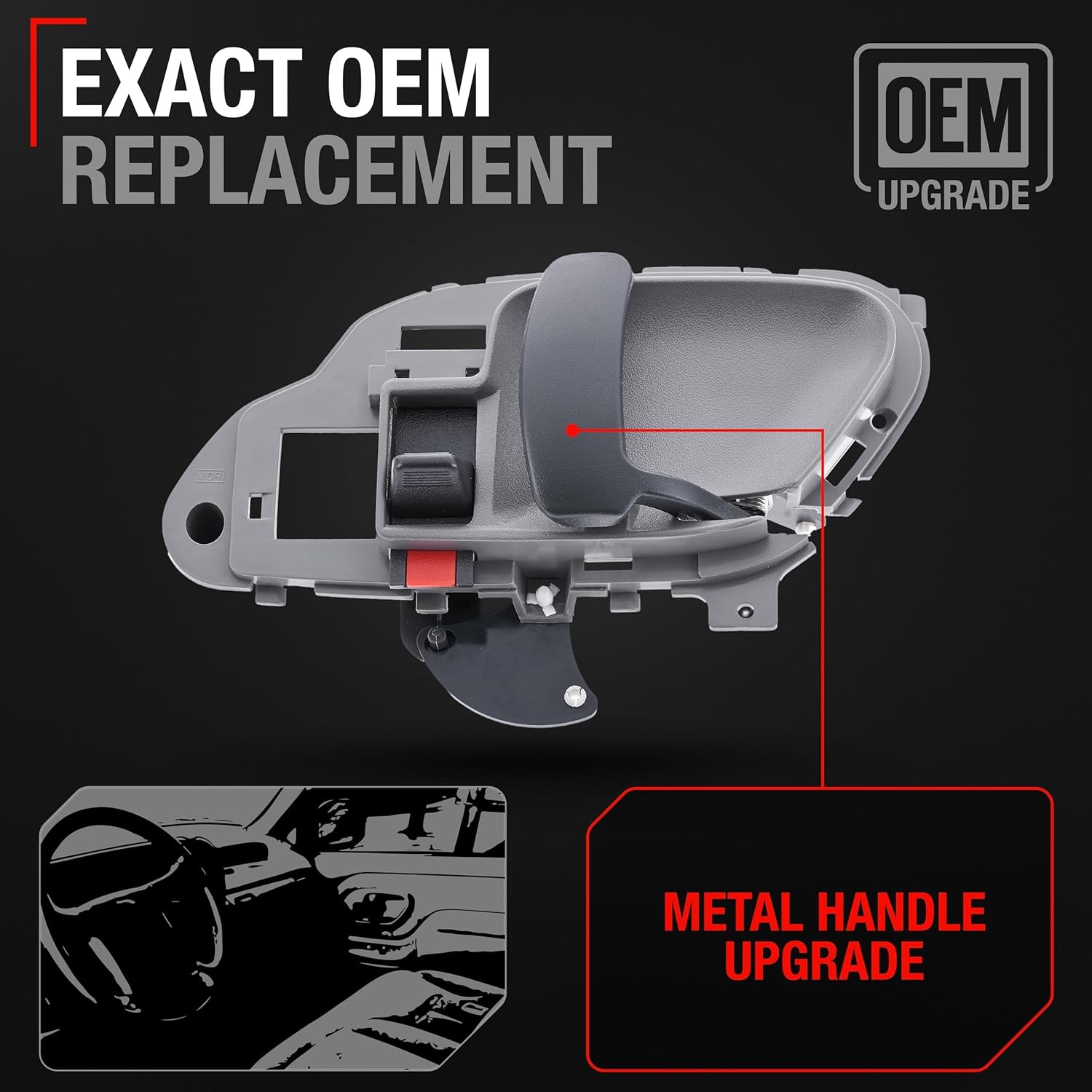 Interior Front Driver & Passenger Door Handle, Upgraded Metal - Compatible with 1988-1999 Chevrolet C1500, 88-99 K1500; 88-99 GMC C1500, K1500 - Textured Gray, OEM 15708043, 15708044, 77187CD, 77186C