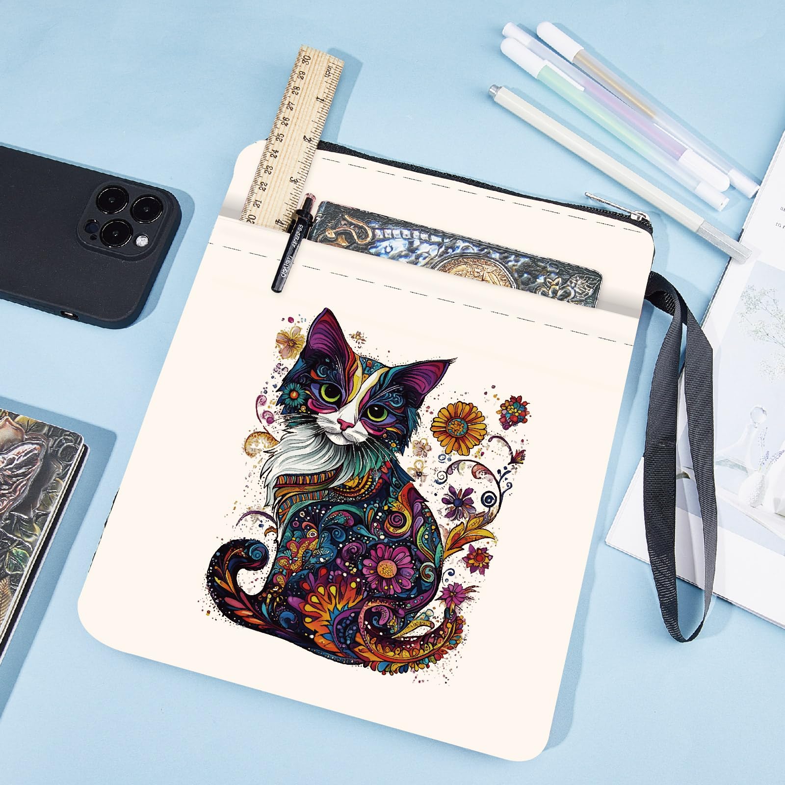 Copertina Per Libri Con Stampa Gatto E Fiori - Custodia Lavabile Con Cerniera E Tasca, 22x28cm - Foto 6