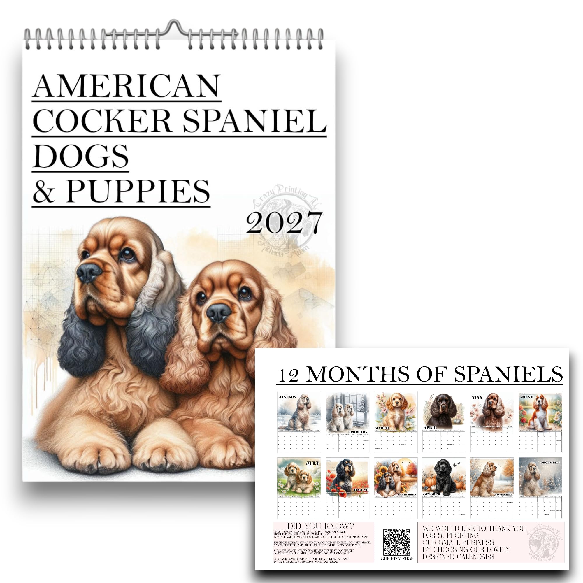 A4 American Cocker Spaniel Wall Calendar 2027, 12 Monthly Pages, Metal Binding with Hook, Handmade, Dog Calendar 2027, Spaniel Dogs, Canines, American Cockers Gifts