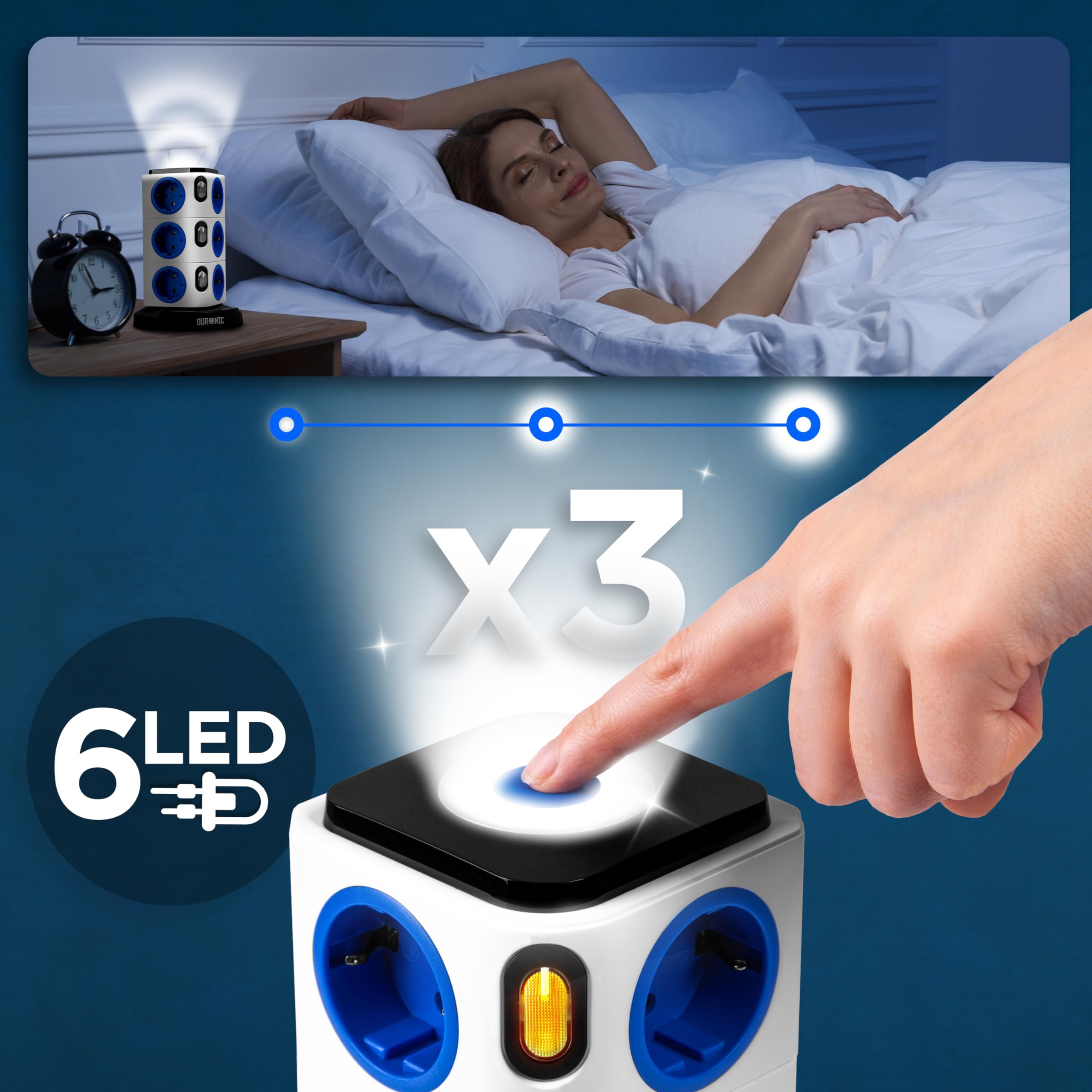 Duronic ET12L Regleta 12 Tomas y 3 Puertos USB y Luz Nocturna Táctil | Cubo de Enchufe de 12 Tomas 3680 W 16A, Regleta Protección Contra Sobretensión, Cable 1, 8 m