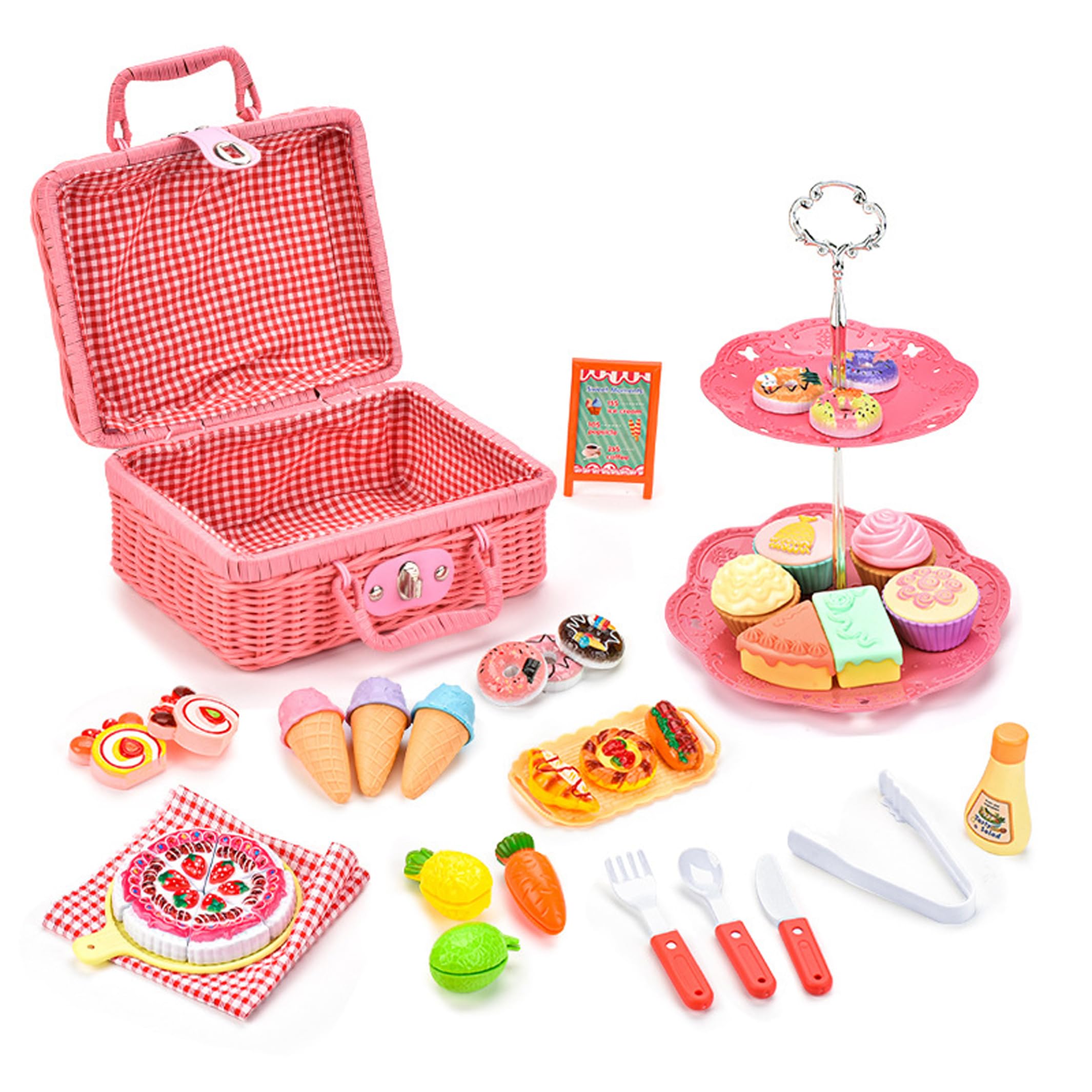 Juego de Fiesta de té, Cesta de Picnic para niños con Juguetes de Comida realistas