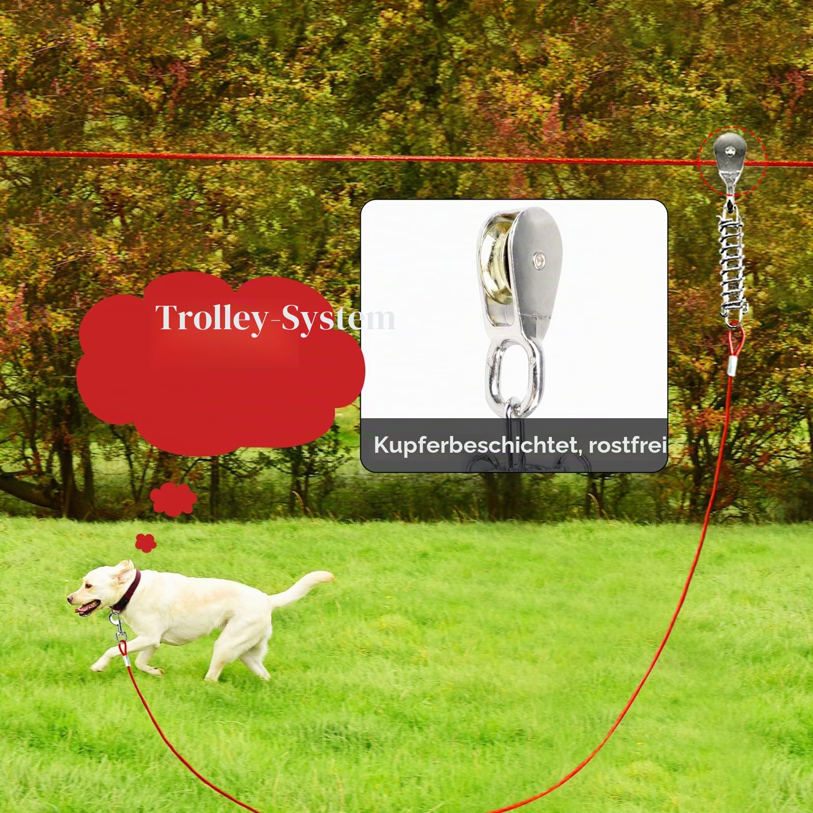 Hundeauslauf für draußen, 30 m Langer Hundeläufer für den Hof mit 4,5 m langem Zugkabel, robuste Hundeleine für große Hunde, Trolley-System, Zipline für Hunde, 56,7 kg