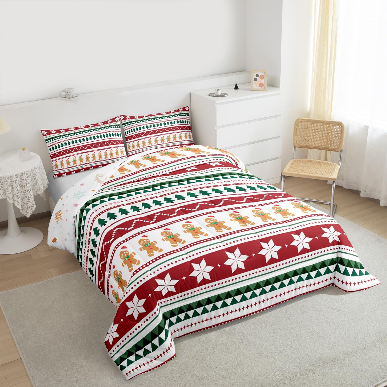 Feelyou Merry Christmas Bedding Set Soft for Boys Girls, Gingerbread Man Comforter Set Queen Size Duvet Quilt Microfiber Striped Bedroom Decor 3 Pcs with 2 Pillow Cases