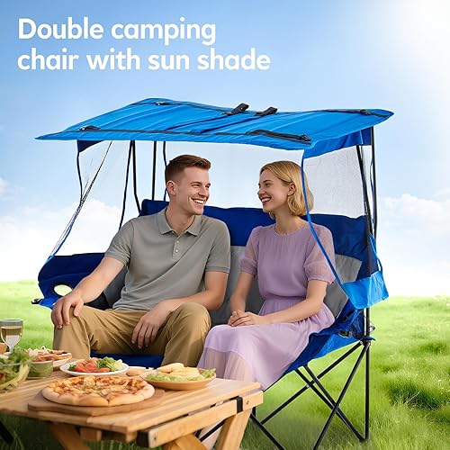 Miniatura 3 de Silla plegable doble con paraguas, sofá biplaza plegable para camping, silla de campamento doble con cortina portavasos, para barbacoa, pesca en la