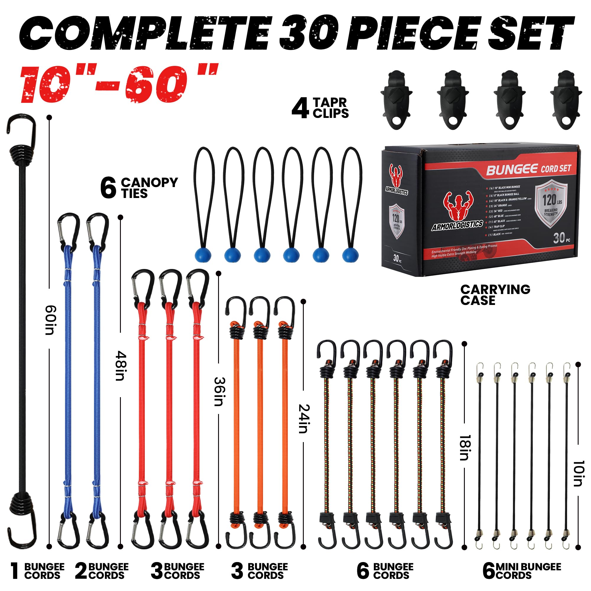 Cuerdas elásticas con ganchos, cuerdas elásticas resistentes para exteriores, 30 piezas, 10, 18, 24, 36, 48, 60 pulgadas, con ganchos de mosquetón, clips de lona, cuerdas elásticas de