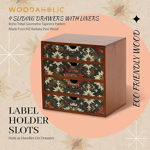 Miniatura 8 de Organizador de escritorio de madera verde bohemio con cajones, caja de almacenamiento de escritorio de 4 cajones, organizador de escritorio de