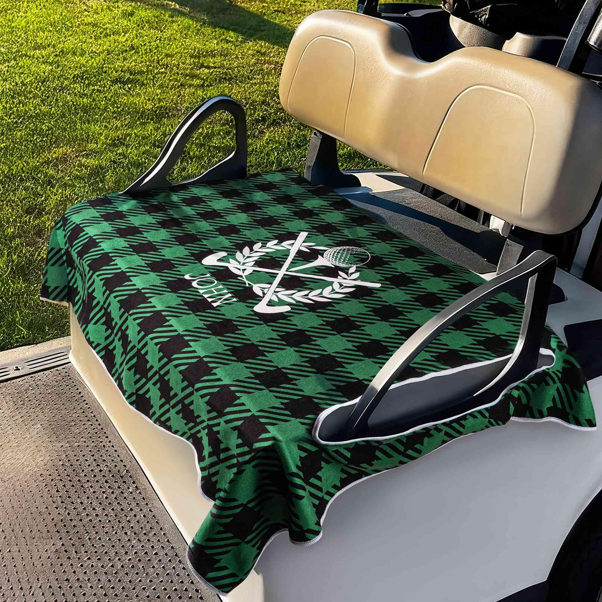 Personalisierter Golfschläger-Kranz-Sitzbezug im Karomuster für Golfwagen mit Namen und Initialen –Individuelle Sitzbezüge für Golfwagen, Golfplatz-Zubehör, für Golfer und Country Clubs 130 cm × 80 cm