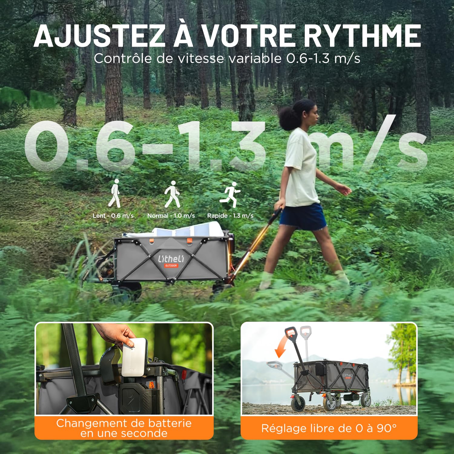 LiTHELi Chariot Électrique Pliable, Chariot à Main Pliable avec Moteur & Freins, 200L 60KG adapté pour Camping, Jardin, Plage, Achats (Gris, V140i & Chargeur)