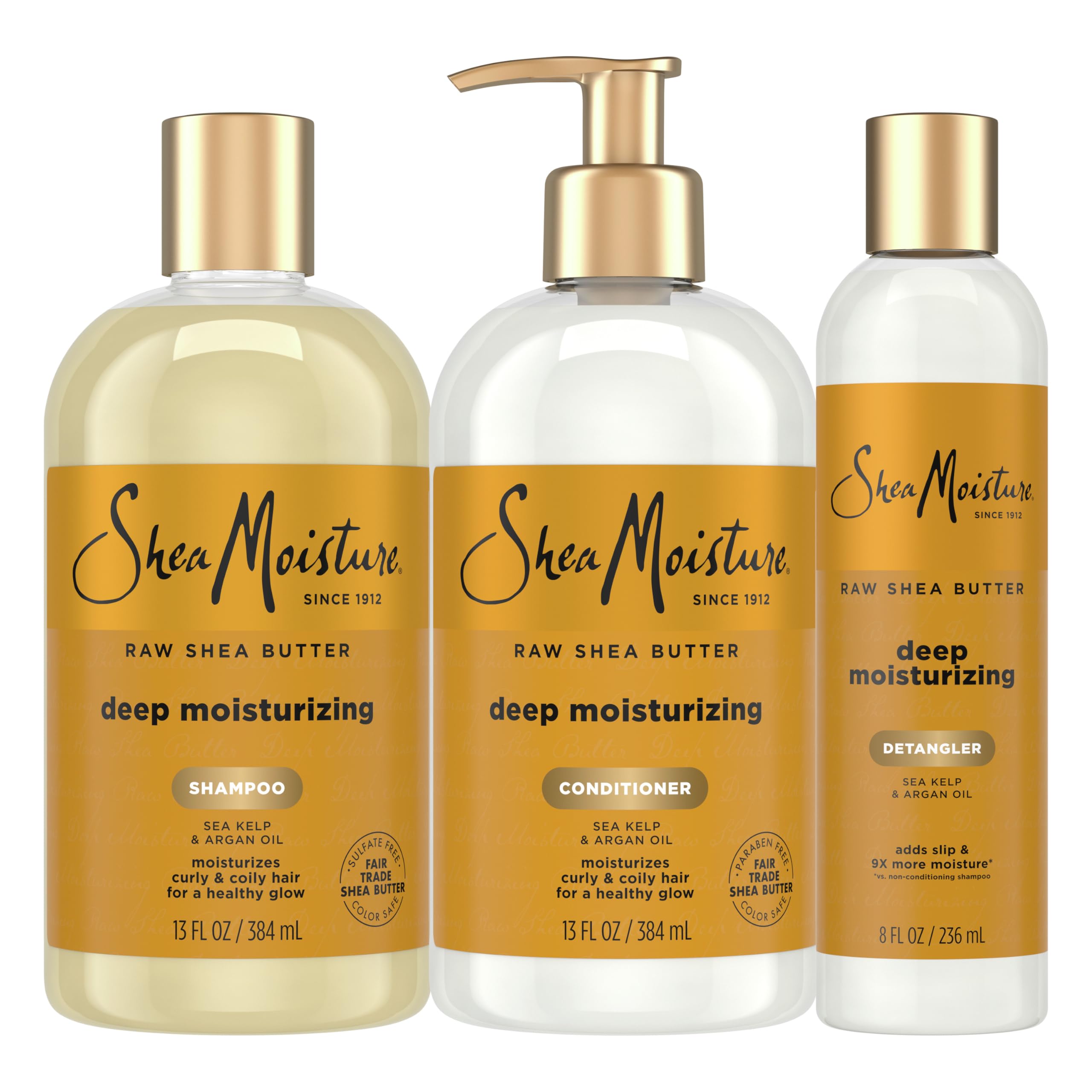 SHEA MOISTUREDeep Moisturizing Hair Care For Curly, Dry and Damaged Hair Raw Butter Sulfate Free Shampoo and Conditioner, Hair Detangler with Sea Kelp and Argan Oil 3 Count