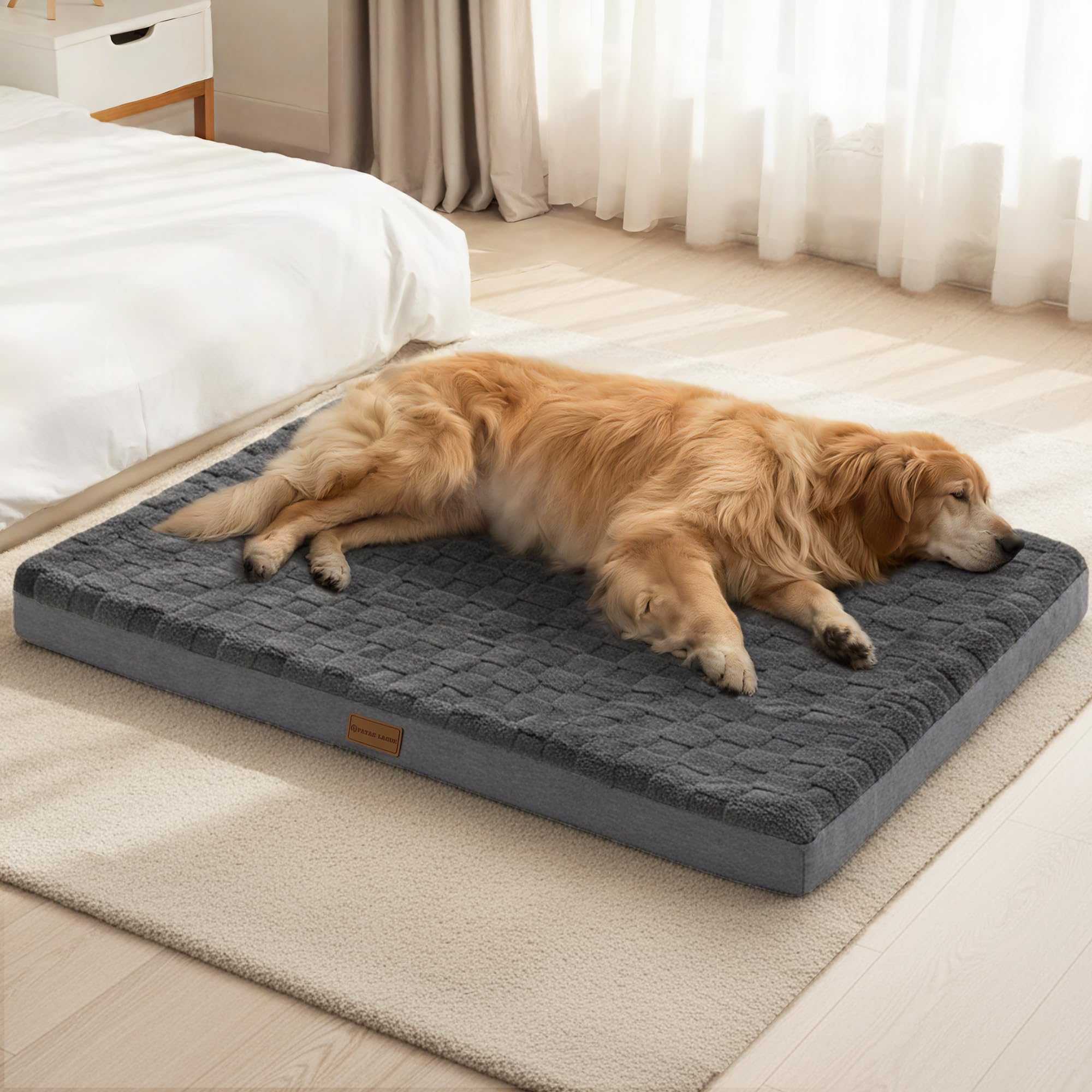 Patas Lague Orthopedic XL Dog Bed Large Sized Dog 48''X30'', Waterproof Soft Comfortable Egg Crate Foam Large Pet Beds Crate Mat with Removable Washable Cover and Nonskid Bottom, Dark Grey