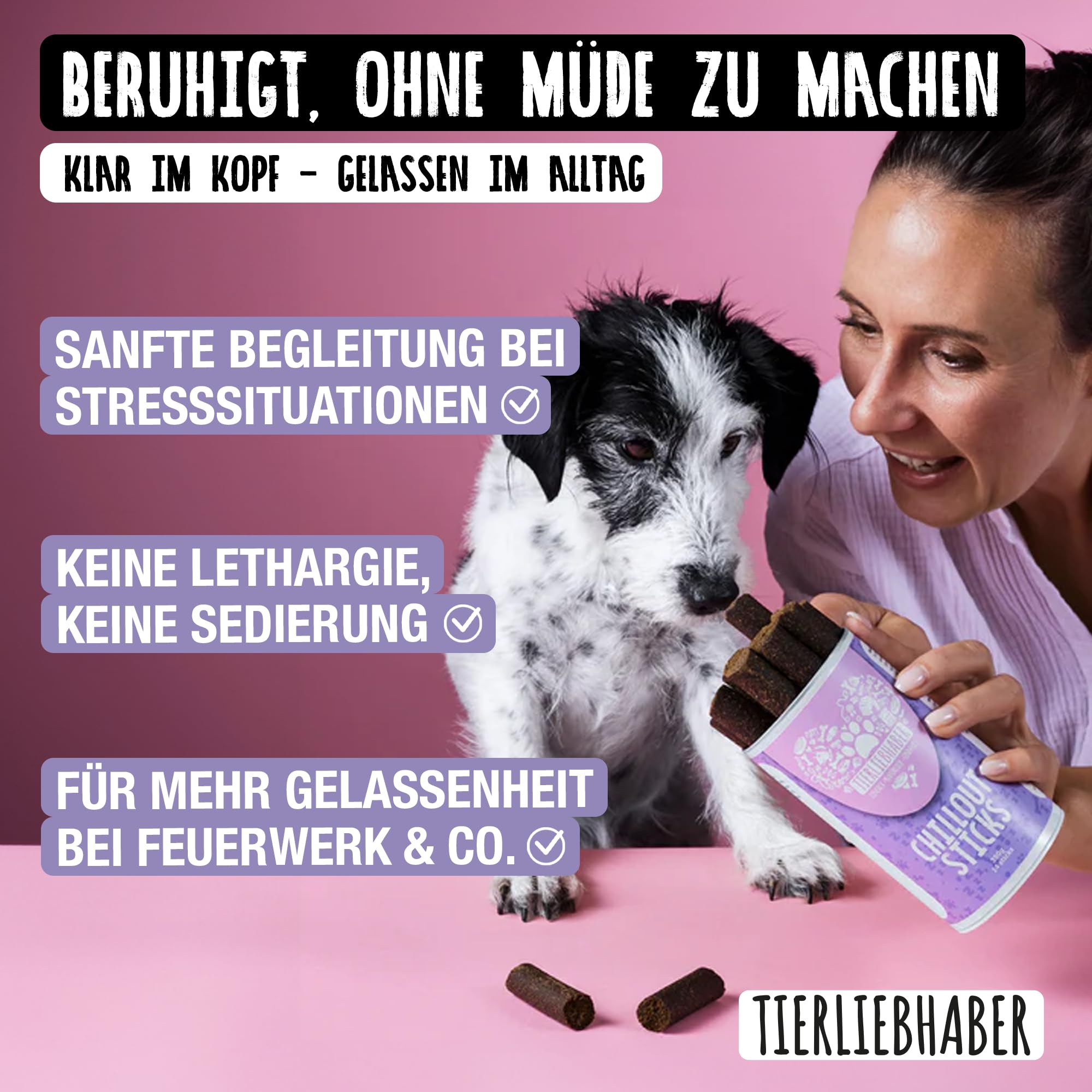 TIERLIEBHABER - Chillout Sticks 350 g (14 Sticks) Natürliche Unterstützung & Entspannung für Hunde – Sanfte Beruhigungshilfe bei Stress, Autofahrt & Silvester – Hundeleckerli & Anti-Stress Snacks