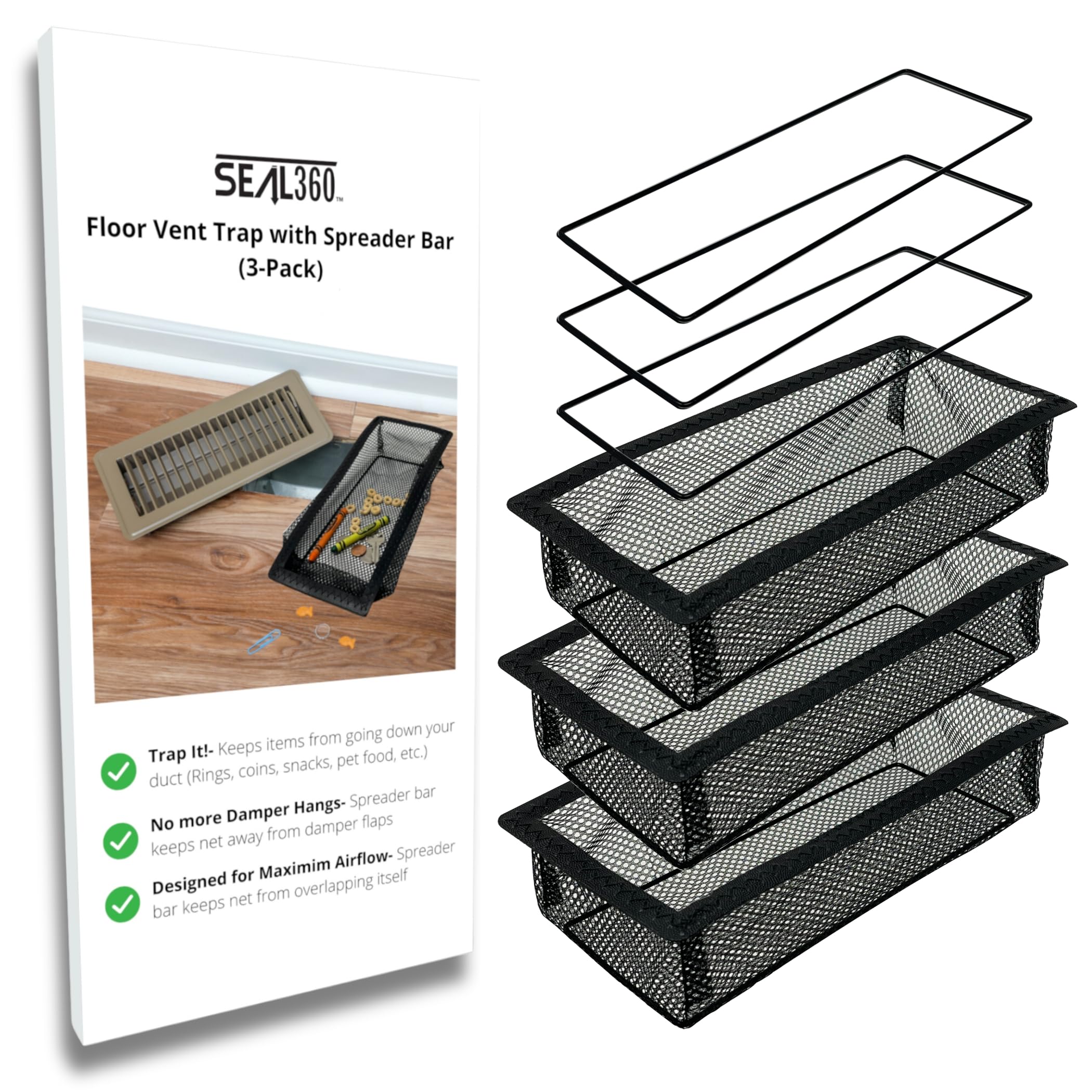 SEAL360 Floor Vent Screen Net, Air Vent Filter Mesh Catches Toys Snacks Pet Hair and Pet Food, Keeps Bugs Out, Patent Pending, 4”x10” (3-Pack)