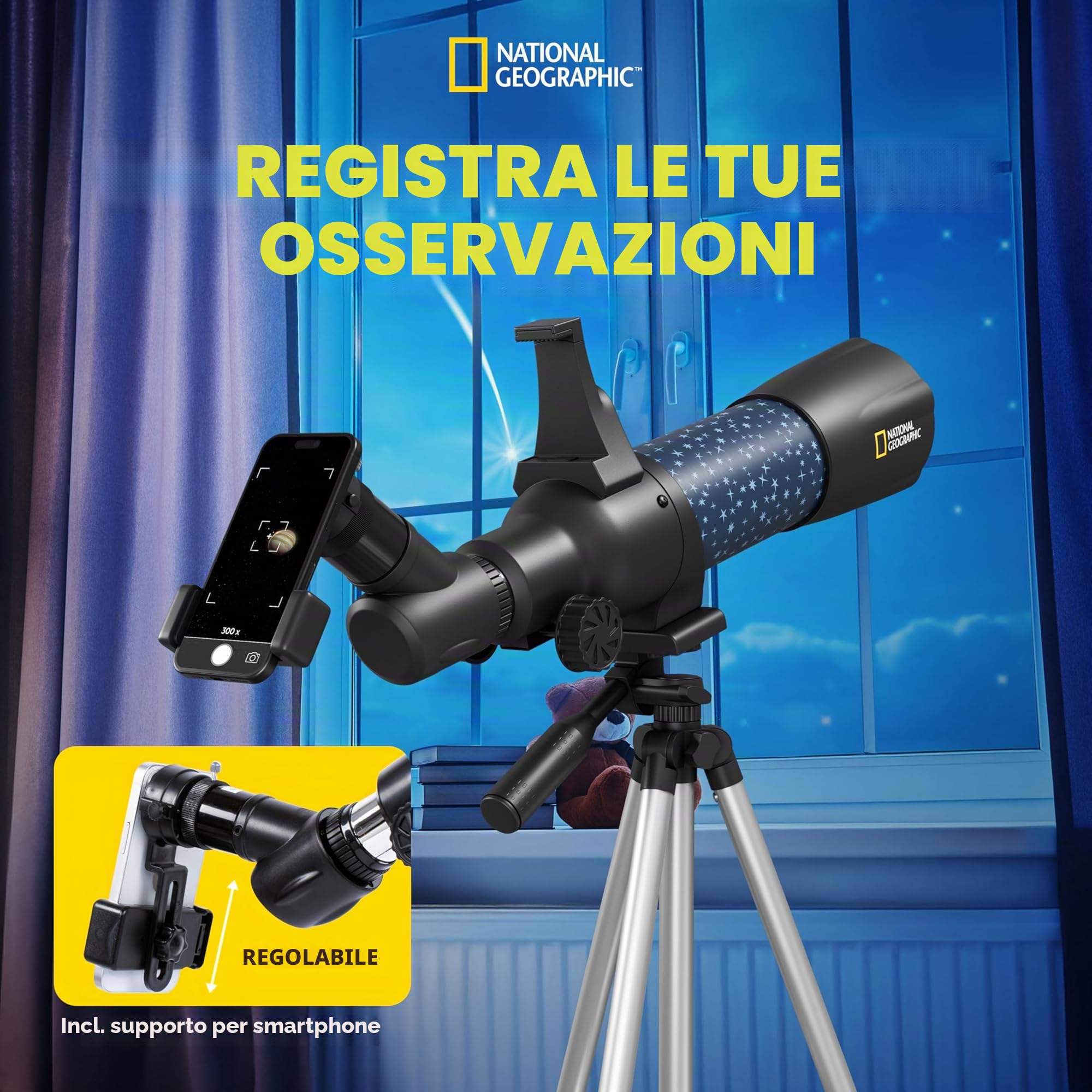 National Geographic smartes AR - Telescopio per bambini con treppiede, zaino, supporto per smartphone e app di realtà aumentata