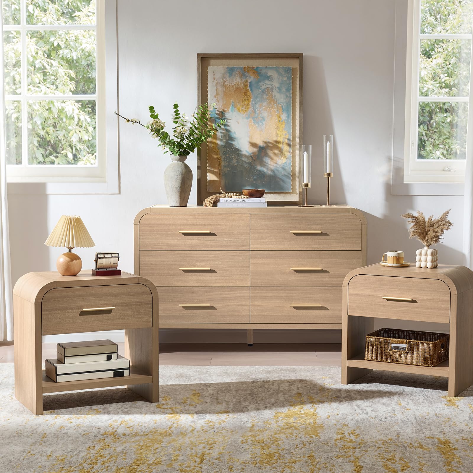 3-Piece Bedroom Set, Curved 6-Drawer Dresser & 1-Drawer Nightstands
