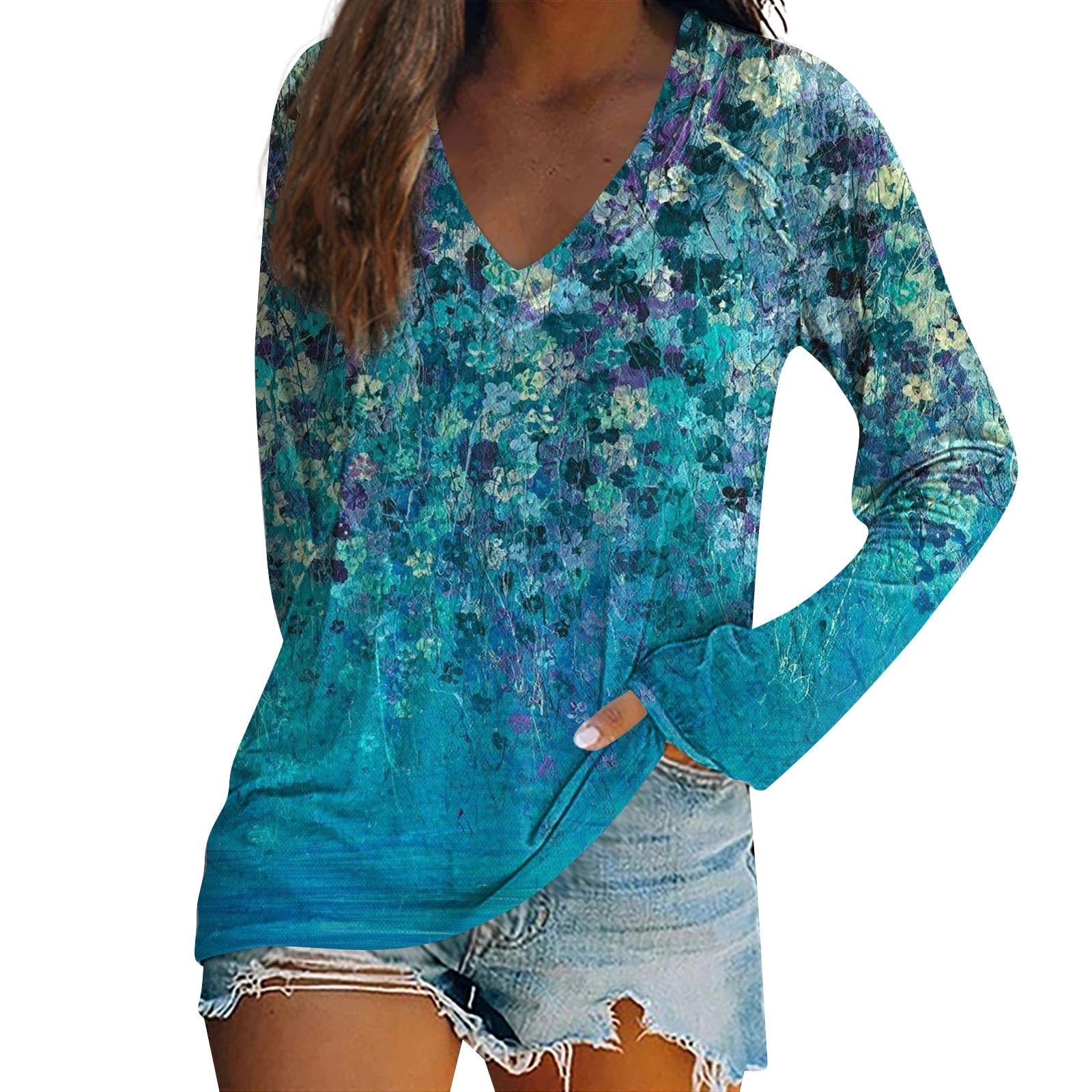 V Neck T Shirts for Women Long Sleeve Slim Fit Simple T Shirt Solid/Print Casual Basic Tops Fall Clothes