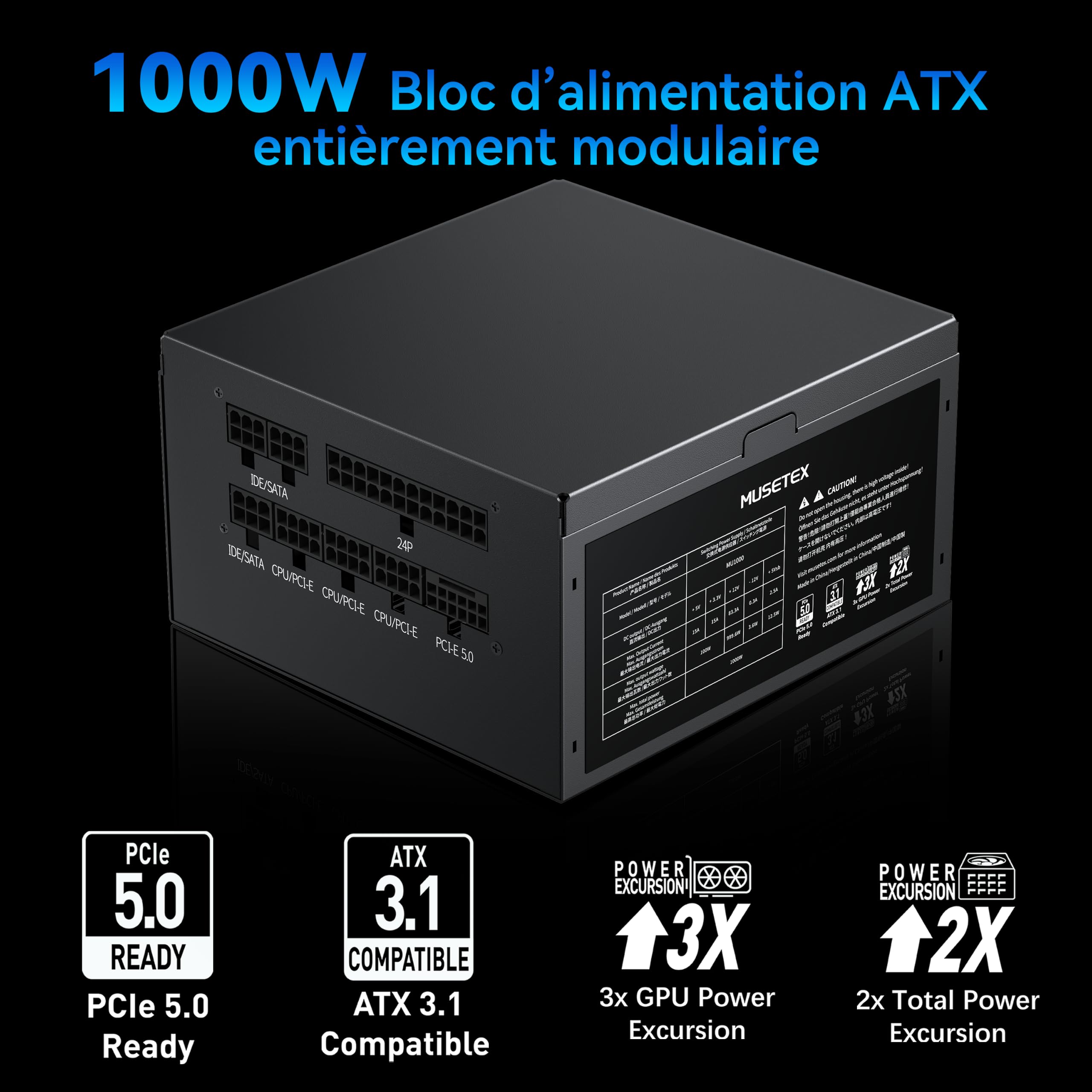 MUSETEX Alimentation PC 1000W, Alimentation ATX entièrement modulaire avec câble d'alimentation 12V-2x6, ATX 3.1 & PCIe 5.0 Alimentation Gaming, Condensateurs à 105°C, (Noir) (MU1000)