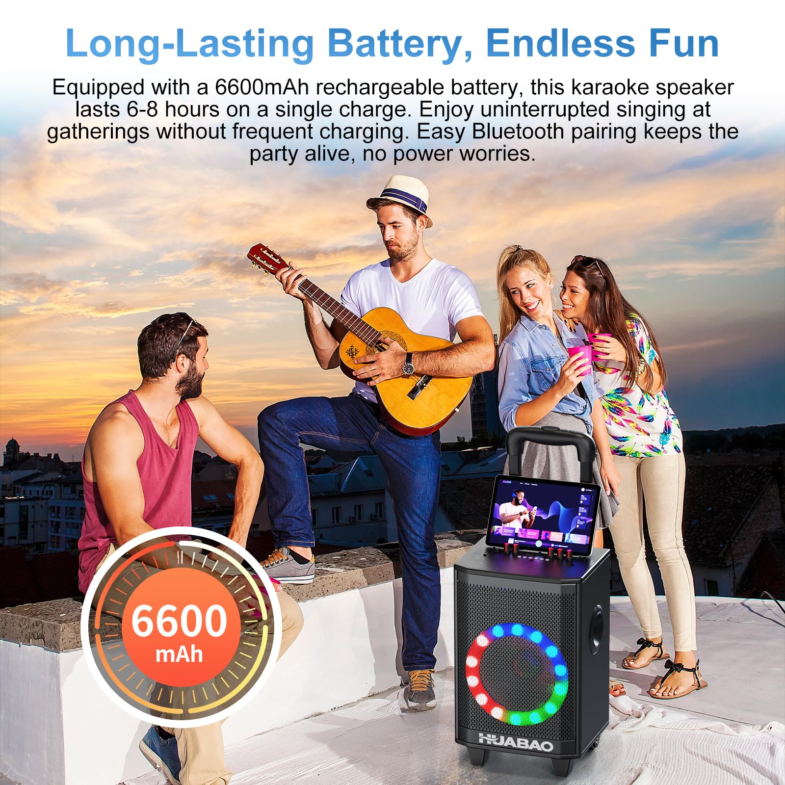Tragbare Karaoke-Maschine mit 2 drahtlosen Mikrofonen, Bluetooth-Lautsprecher mit Beleuchtung und Trolley-Rädern, 6600-mAh-Akku-PA-System, FM/AUX/USB/TF, Fernbedienung, Bass-/Höhen-/Echo-Einstellung