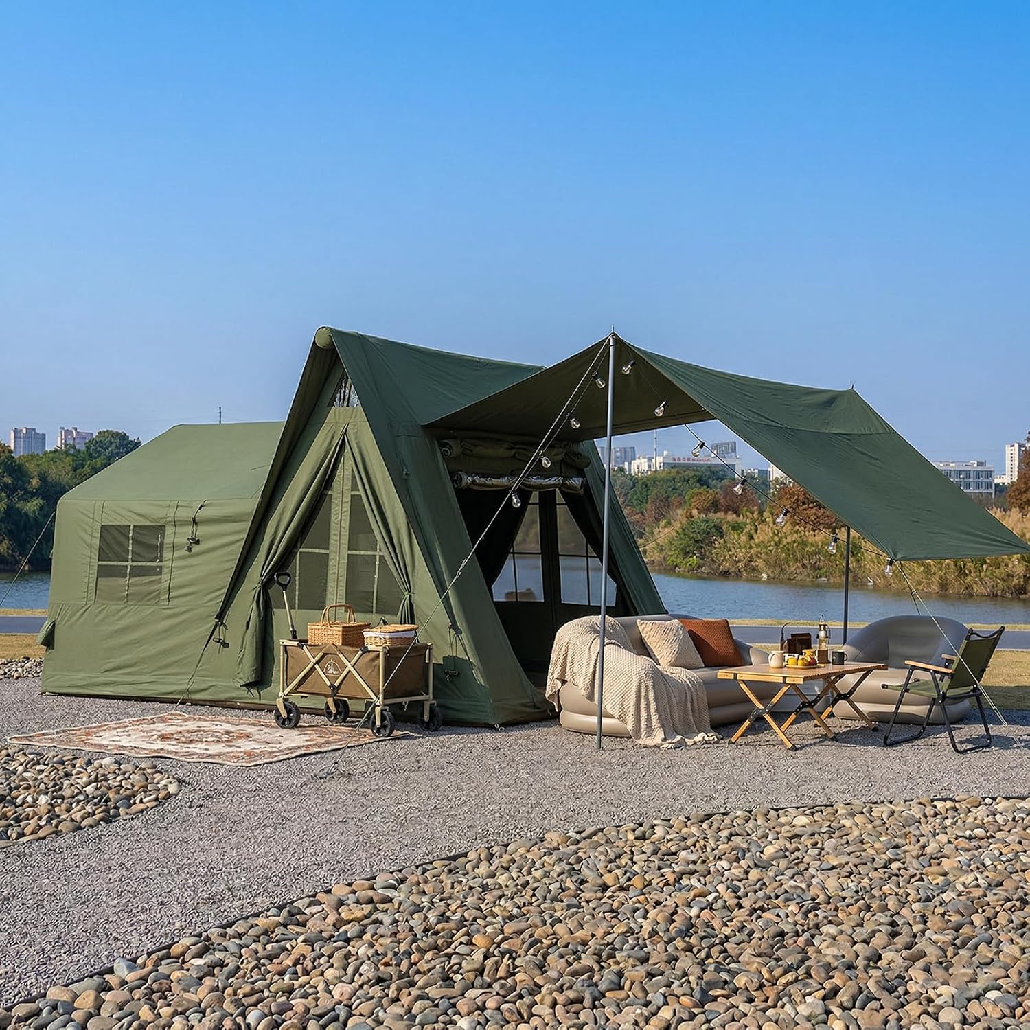 SENLEETO Inflatable Tents for Camping 8-10 Person, Luxury Inflatable Tent House with Stove Jack, Waterproof Portable Inflatable Camping Tent with Rainfly