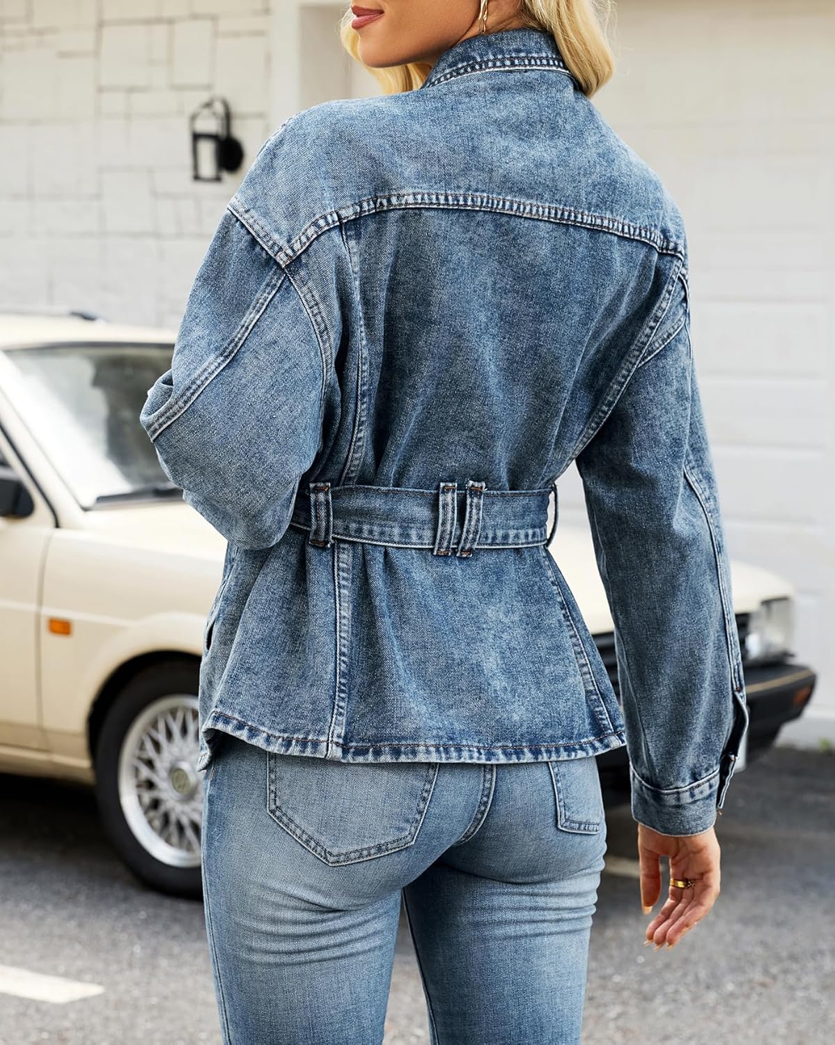 Kedera Womens Jean Jacket with Belt Oversized Long Sleeve Button Down Denim Coat Jeans Boyfriend Outerwear - Image 2