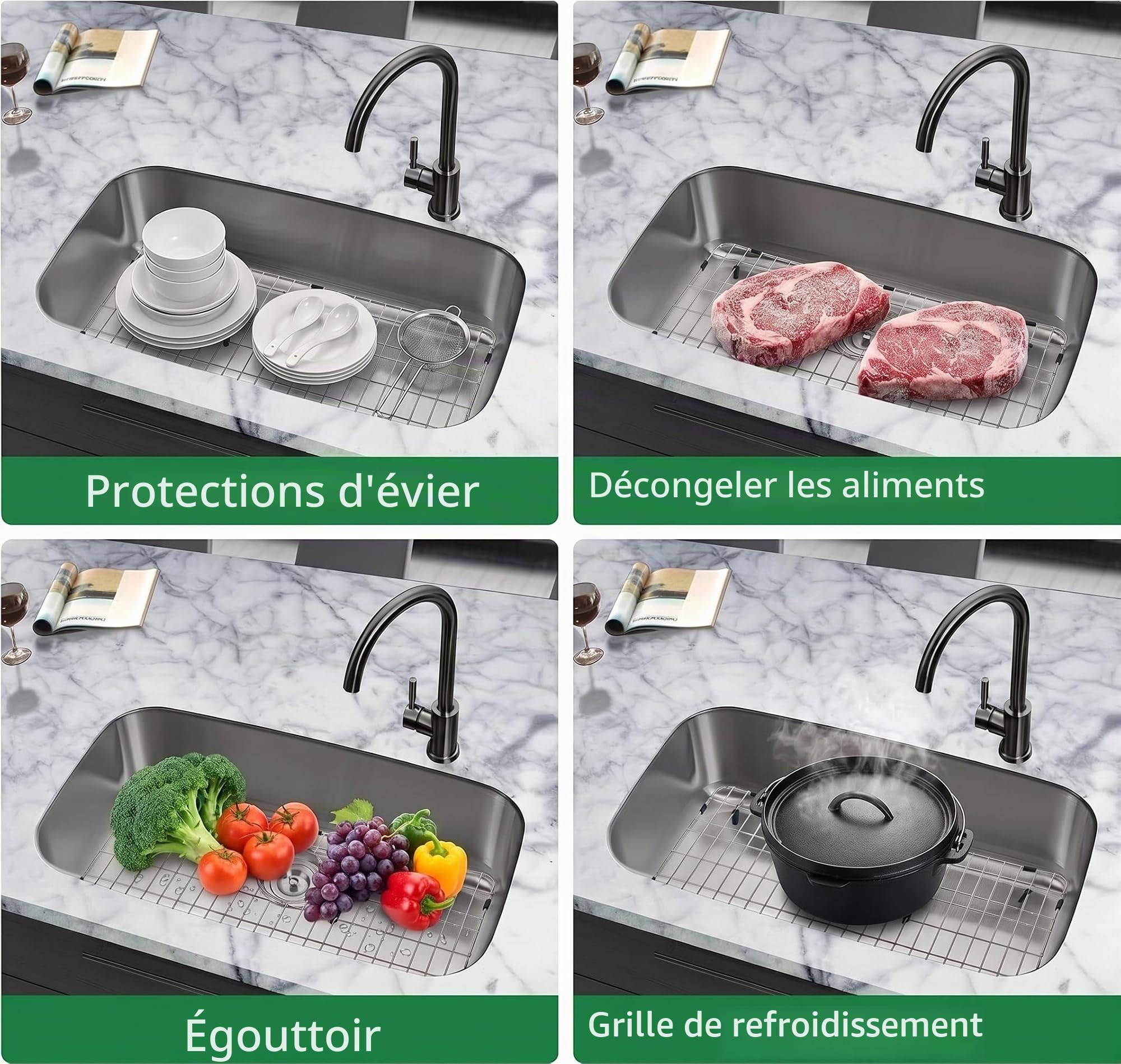 Grille inférieure d'évier de cuisine en acier inoxydable et grille de protection pour évier de cuisine, 66 x 35,6 cm avec drain arrière pour évier simple