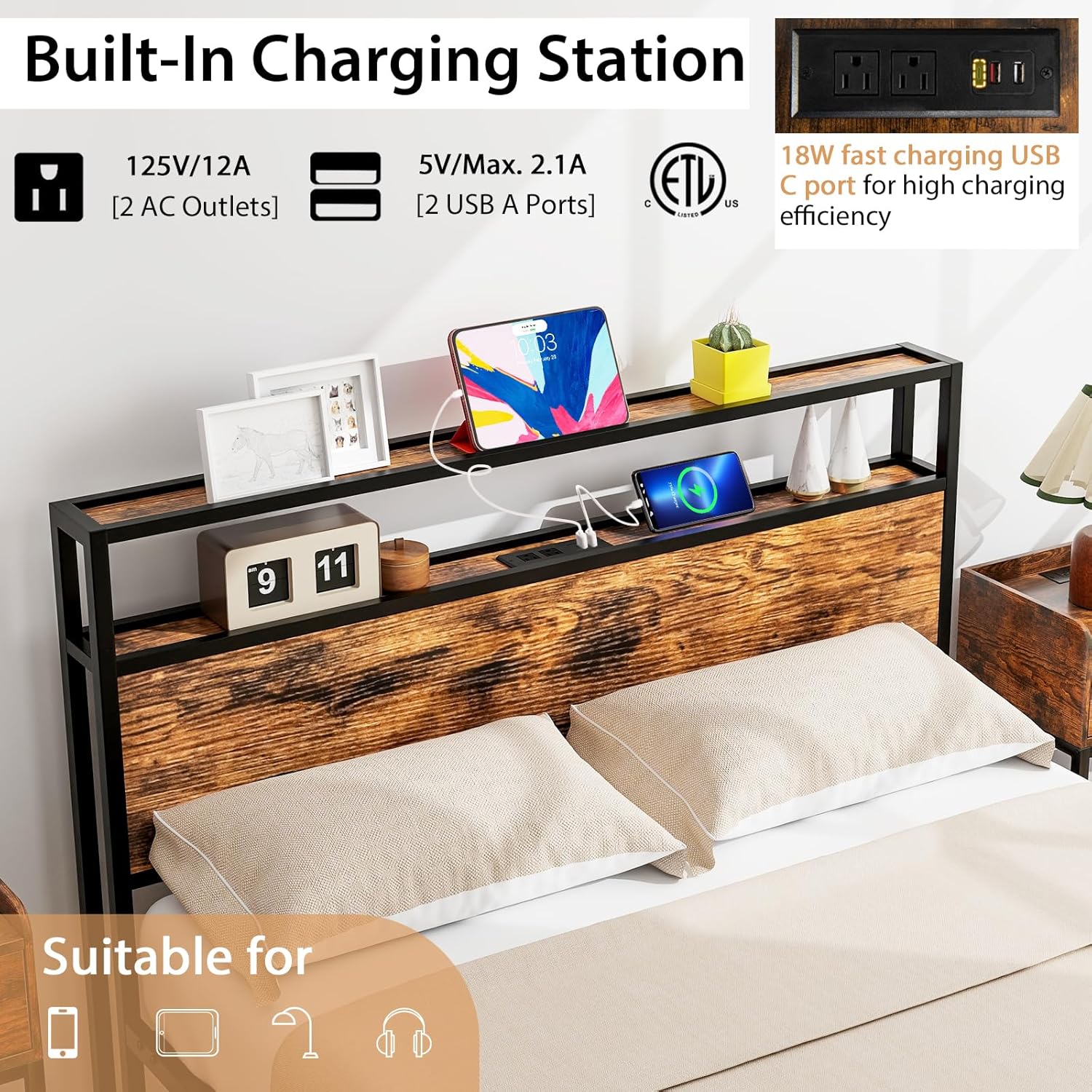 Giantex Full Size Bed Frame with 2-Tier Storage Headboard, Industrial Metal Platform Bed with Charging Station, Heavy Duty Metal Support Mattress Foundation, No Box Spring Needed, Noise-Free