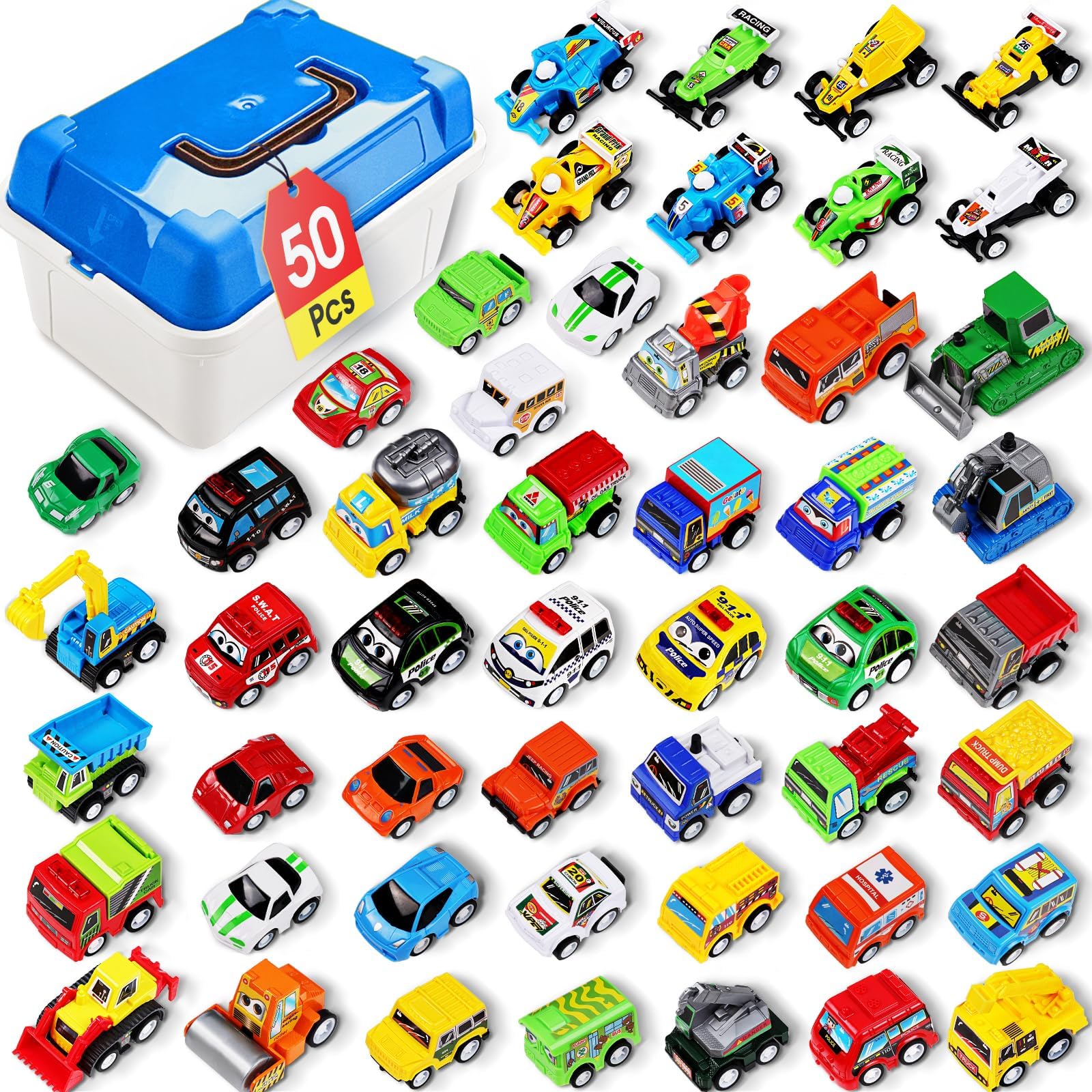 50 Pcs Toy Cars with Large Plastic Organizer, Pull Back Cars for Kids Ages 3-5, Birthday and Party Decorations, Birthday Presents for 3 + Year Old Girls and Boys